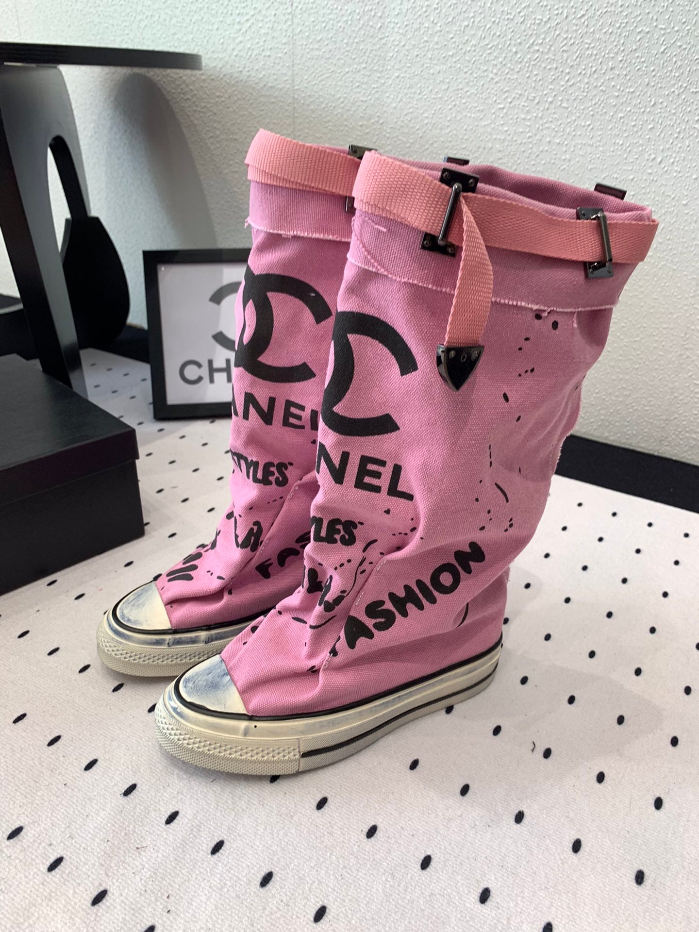 CC High-Top Canvas Boots Pink Black Denim Fabric 938048