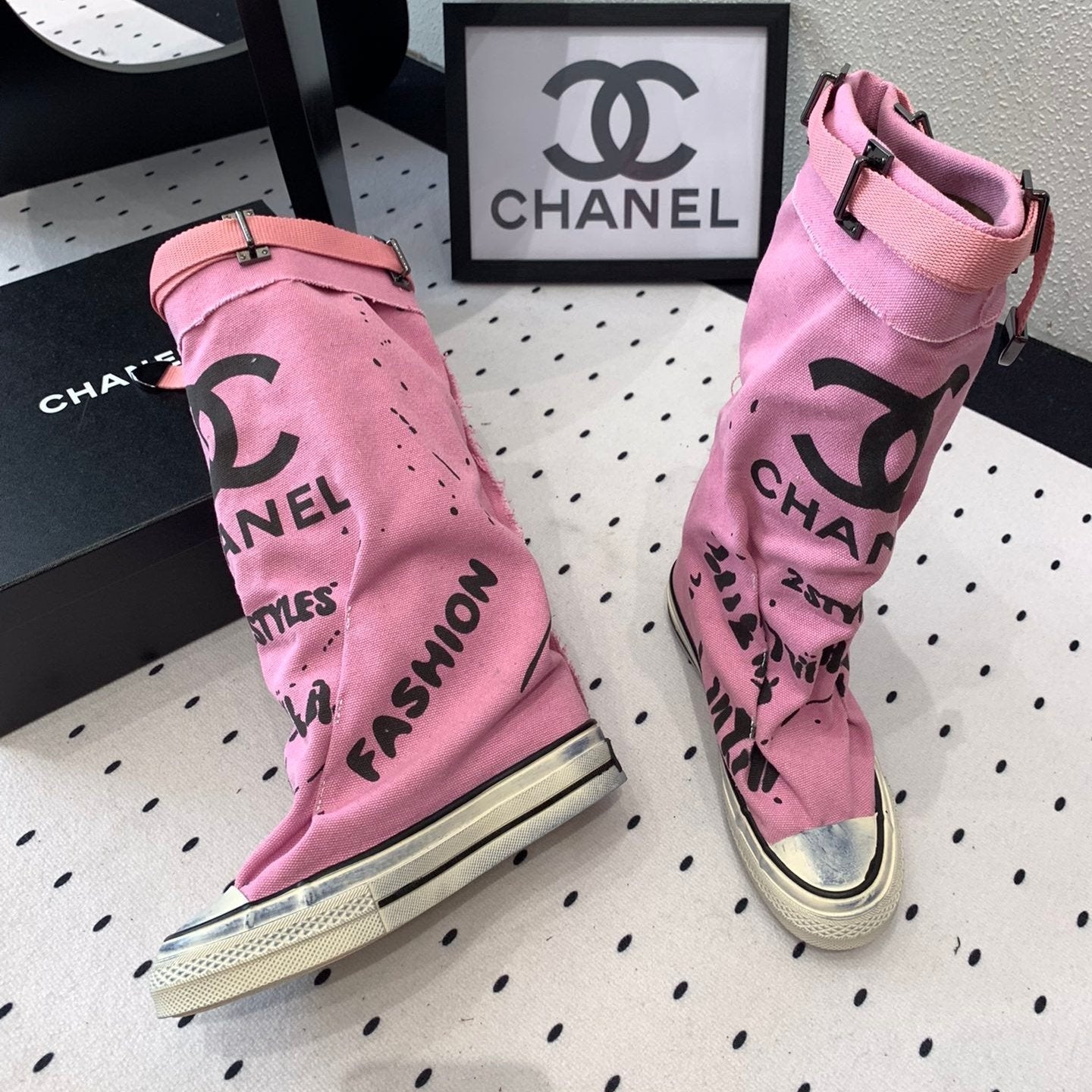 CC High-Top Canvas Boots Pink Black Denim Fabric 938048
