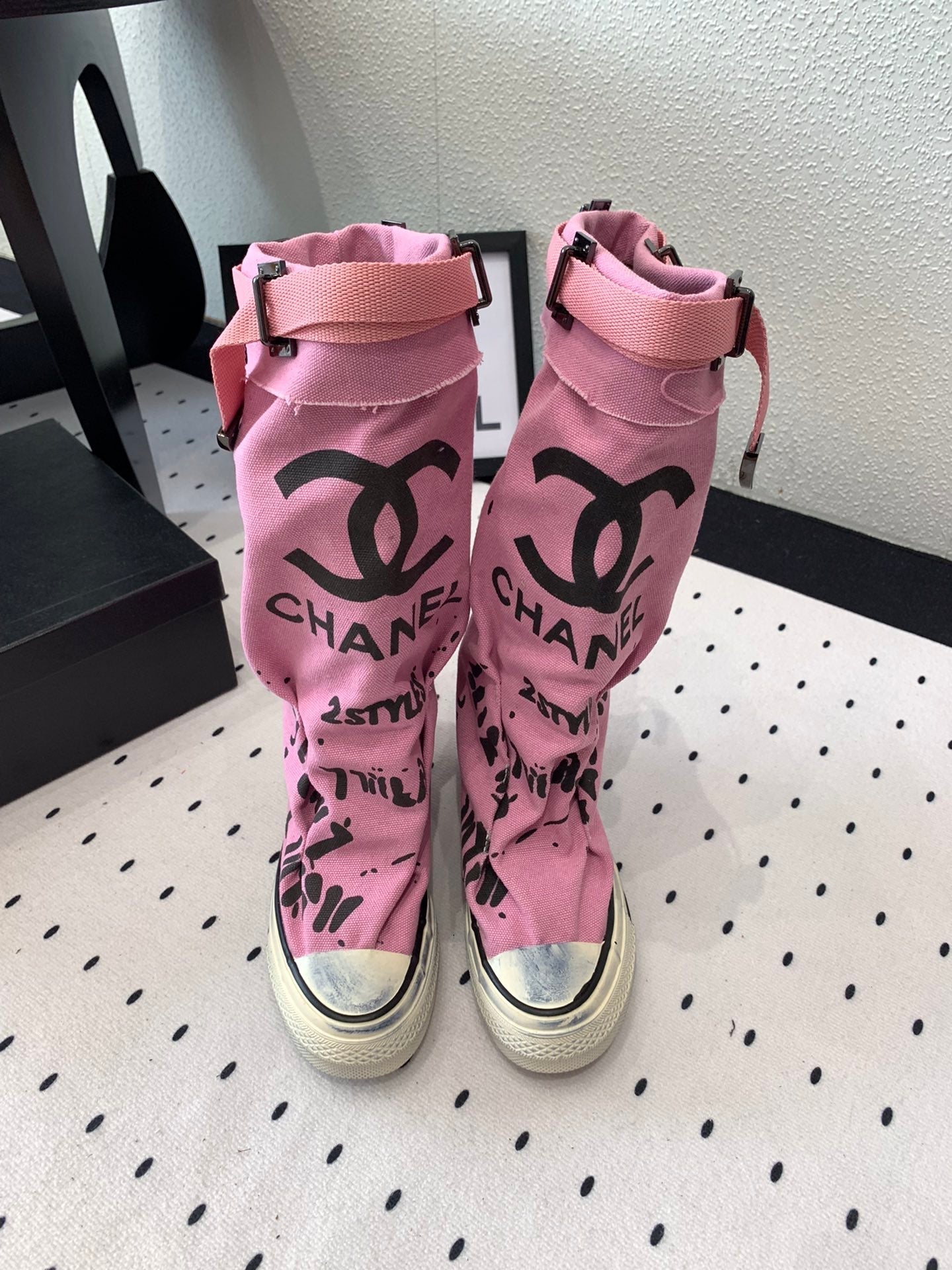 CC High-Top Canvas Boots Pink Black Denim Fabric 938048