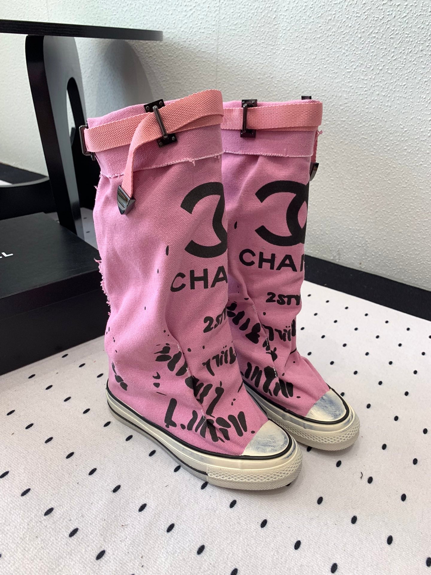 CC High-Top Canvas Boots Pink Black Denim Fabric 938048