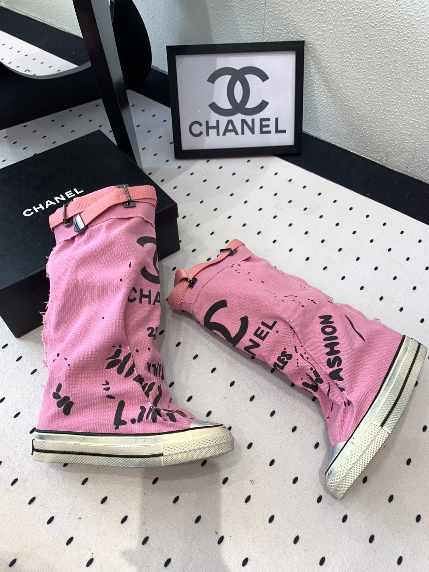 CC High-Top Canvas Boots Pink Black Denim Fabric 938048