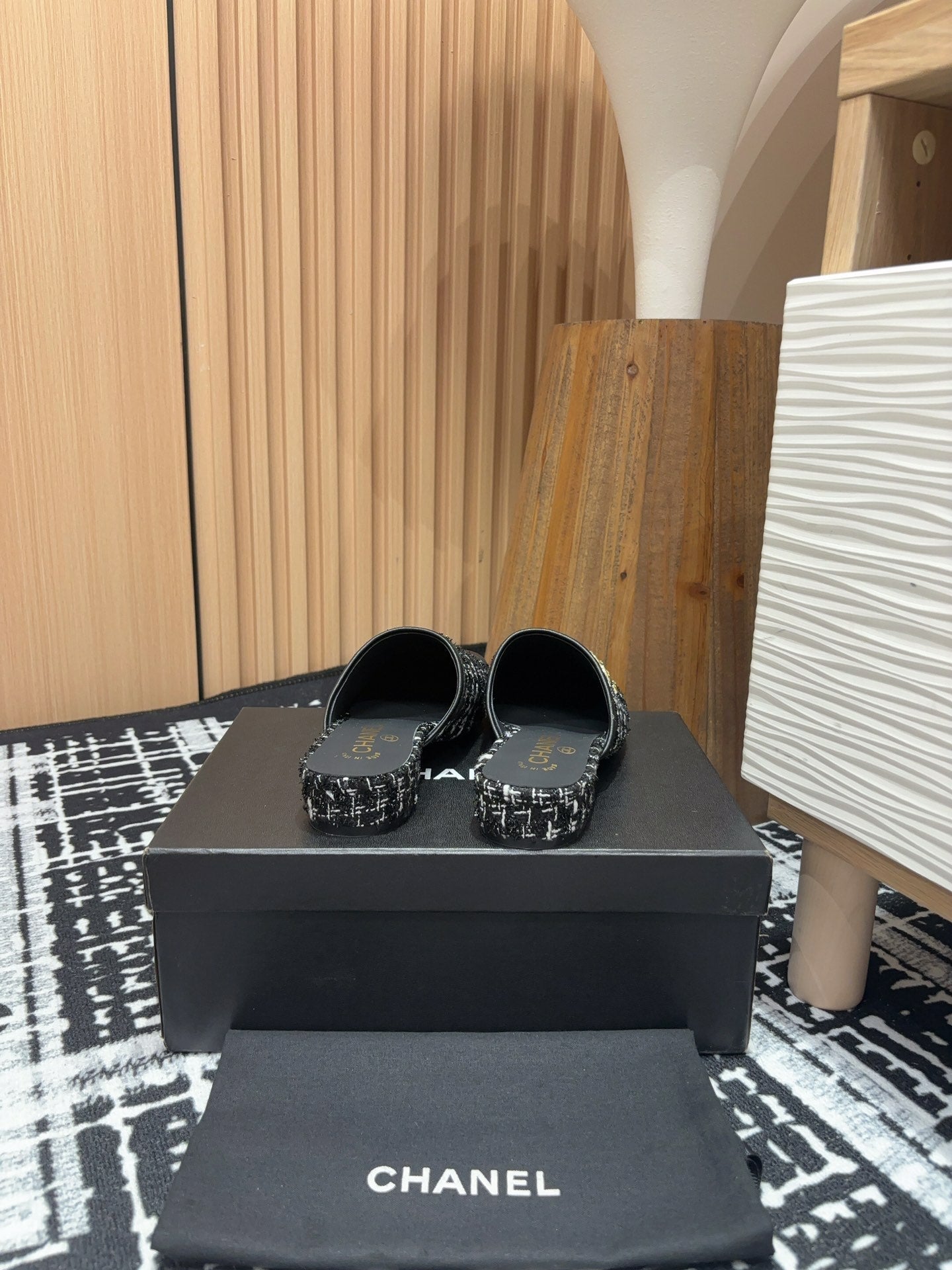CC Mule 30mm In Black Mix White Wool Tweed And Lambskin