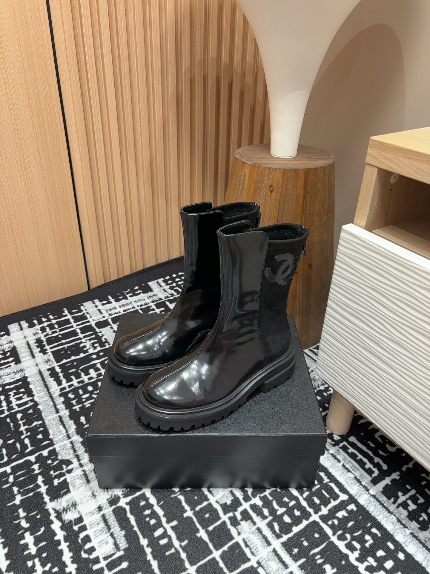 CC Short Boots 45mm Glossy Black Calfskin And Suede