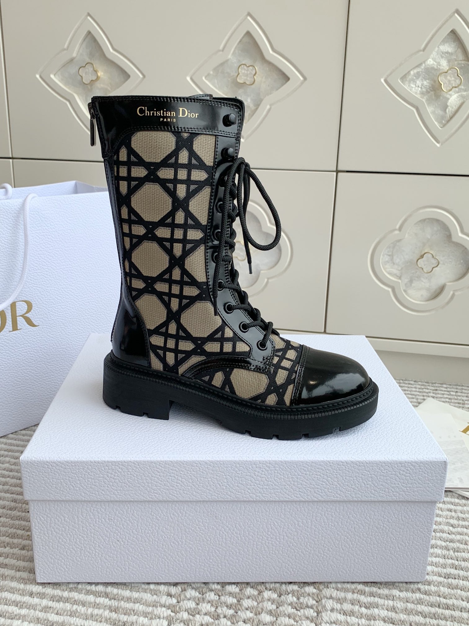 CD D-Unit Ankle Boot In Dark Beige Mix Black Canvas And Glossy Cowhide  105082
