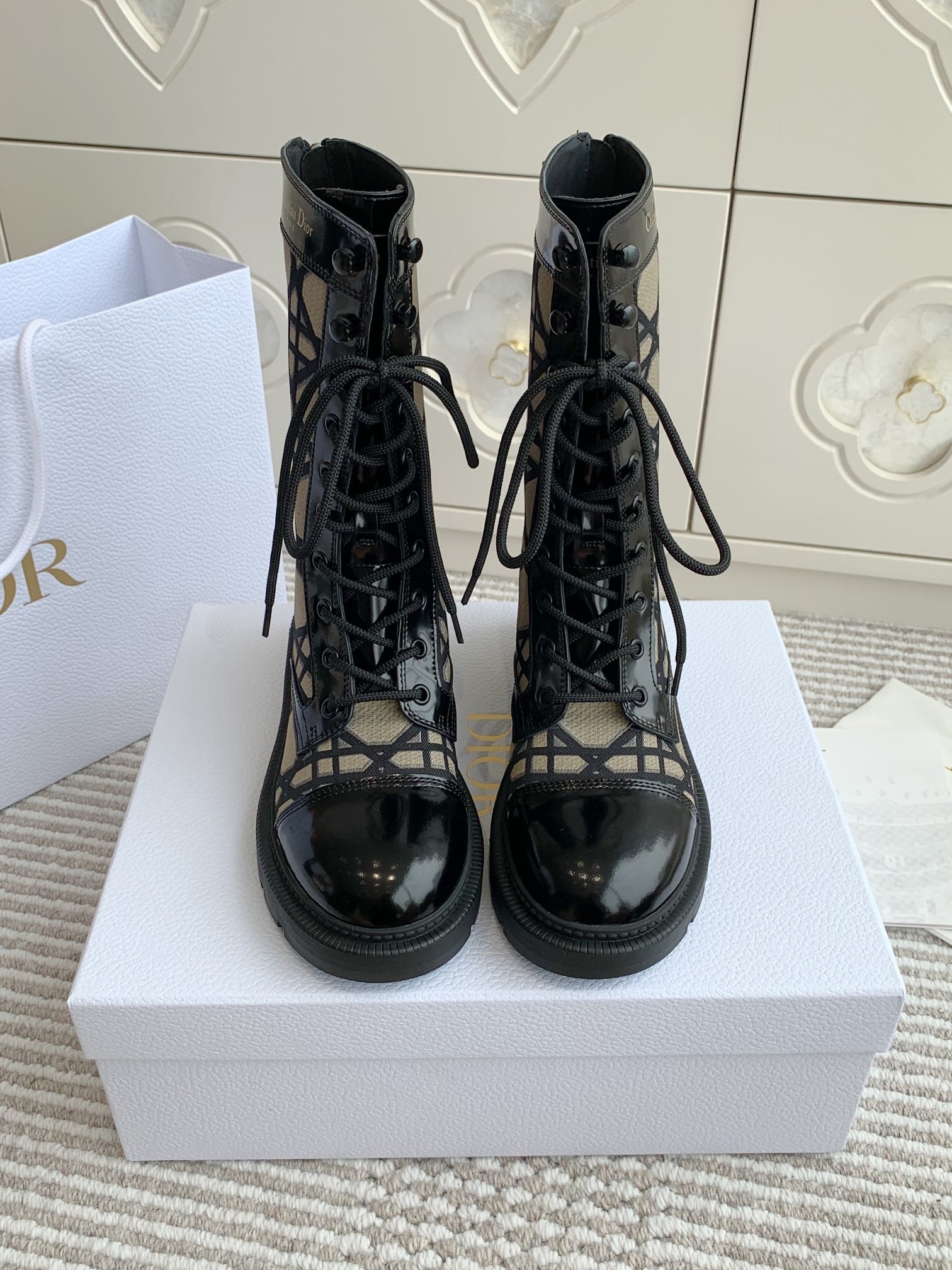 CD D-Unit Ankle Boot In Dark Beige Mix Black Canvas And Glossy Cowhide  105082