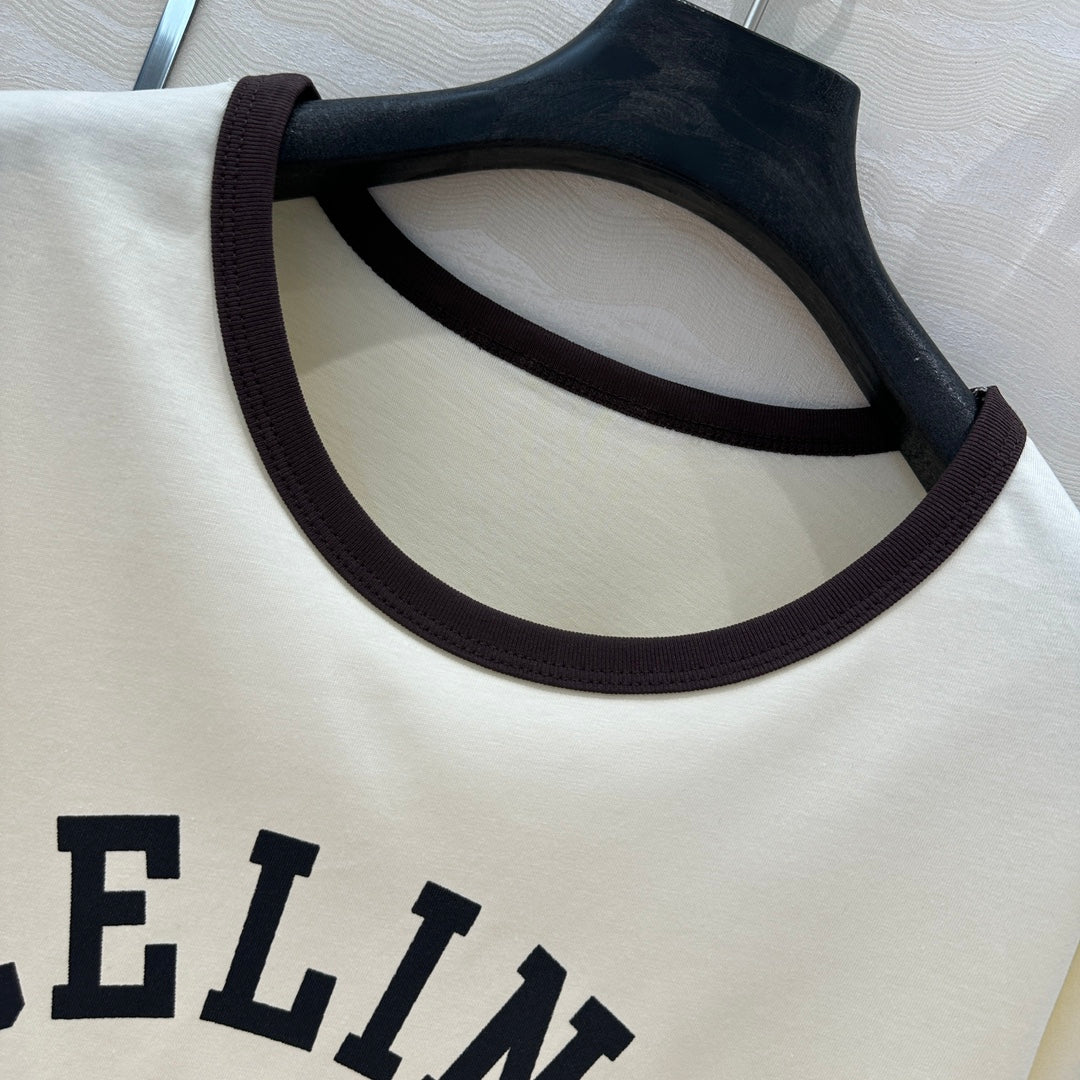 Celine 25 Arc de Triomphe Letter Short Sleeve T-shirt Cream mix Black Cotton
