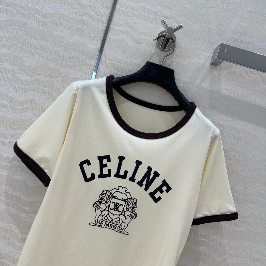 Celine 25 Arc de Triomphe Letter Short Sleeve T-shirt Cream mix Black Cotton