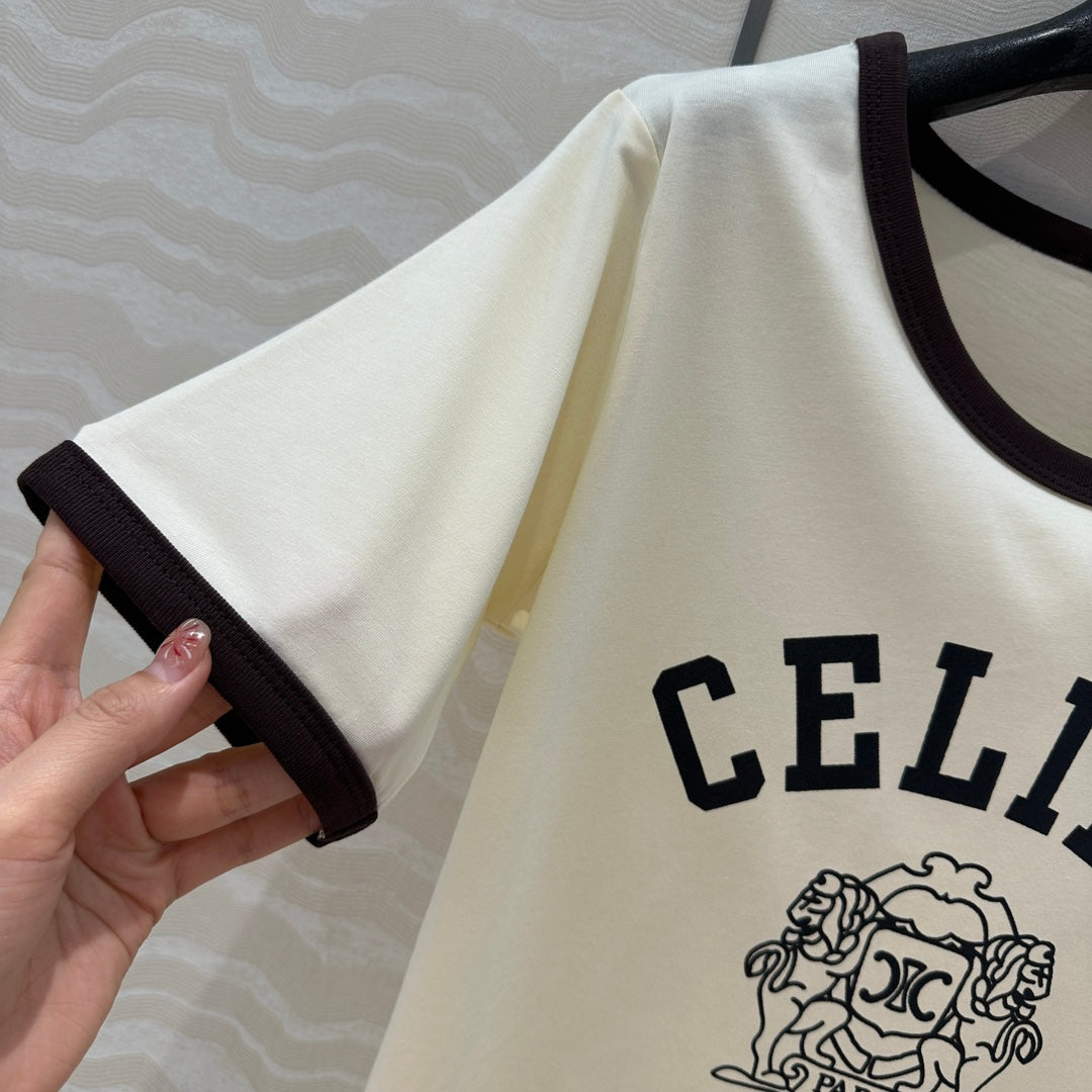 Celine 25 Arc de Triomphe Letter Short Sleeve T-shirt Cream mix Black Cotton