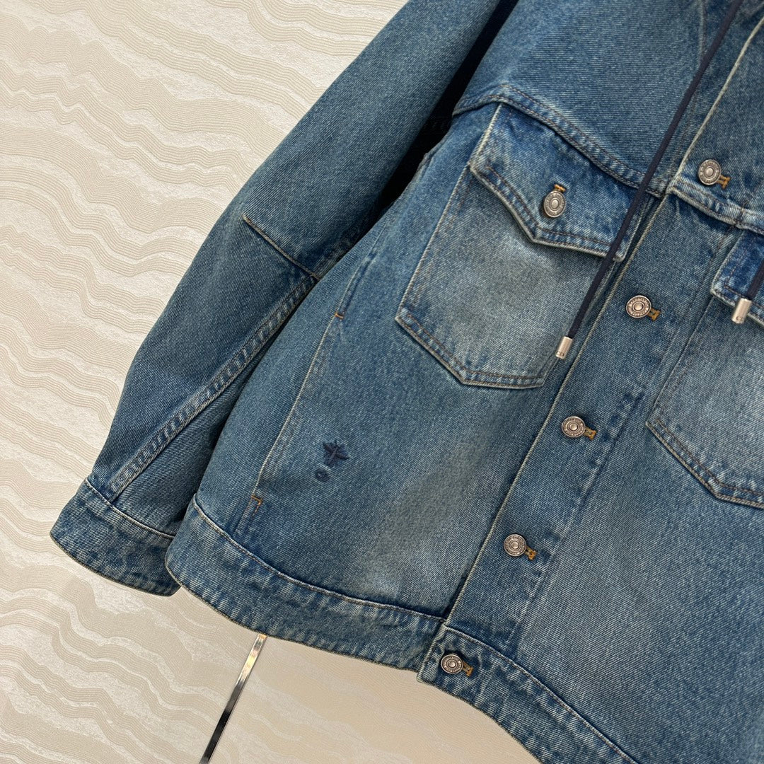 CD Ripped Straight Hooded Jacket Blue Cotton