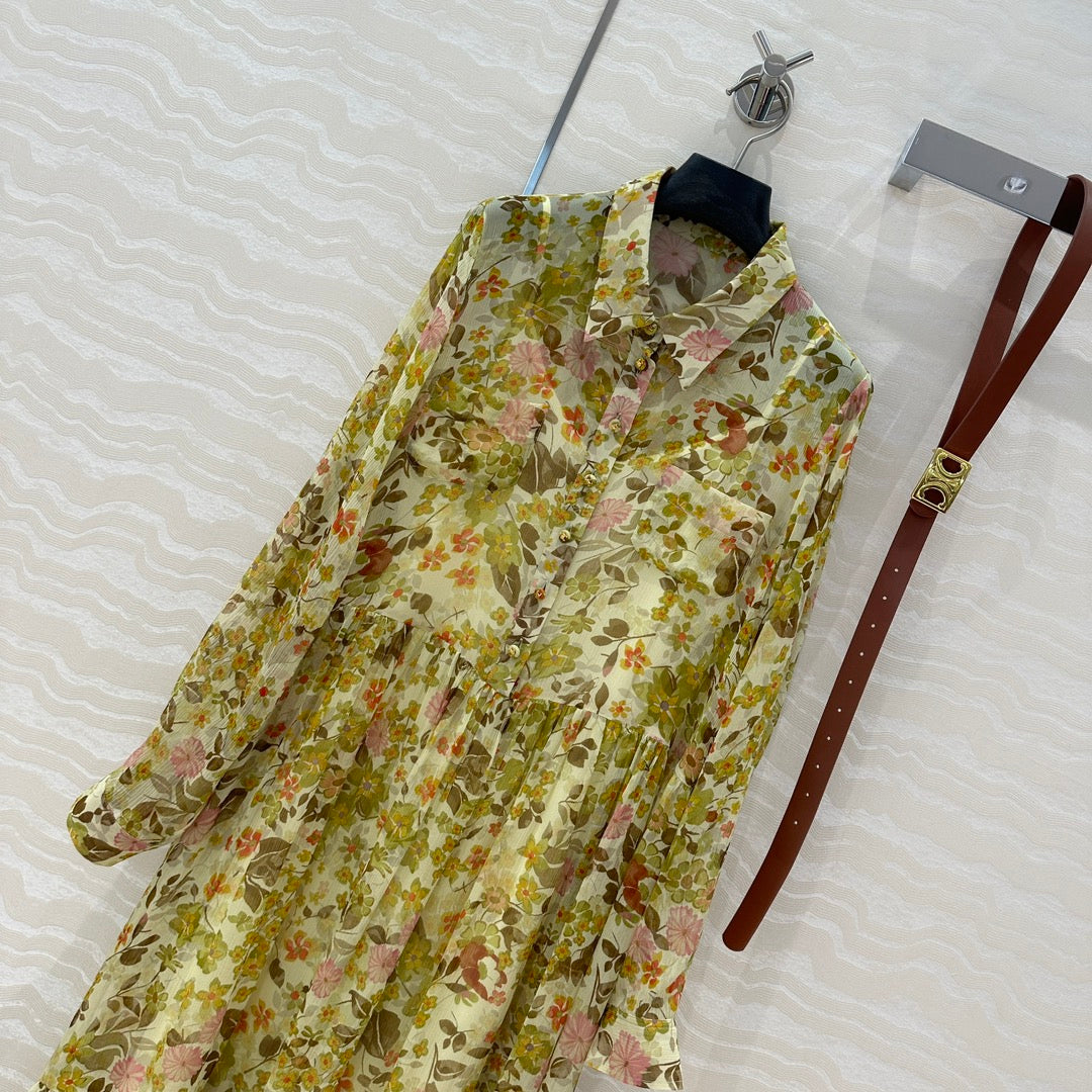 Celine Floral Pattern Dress Green Silk