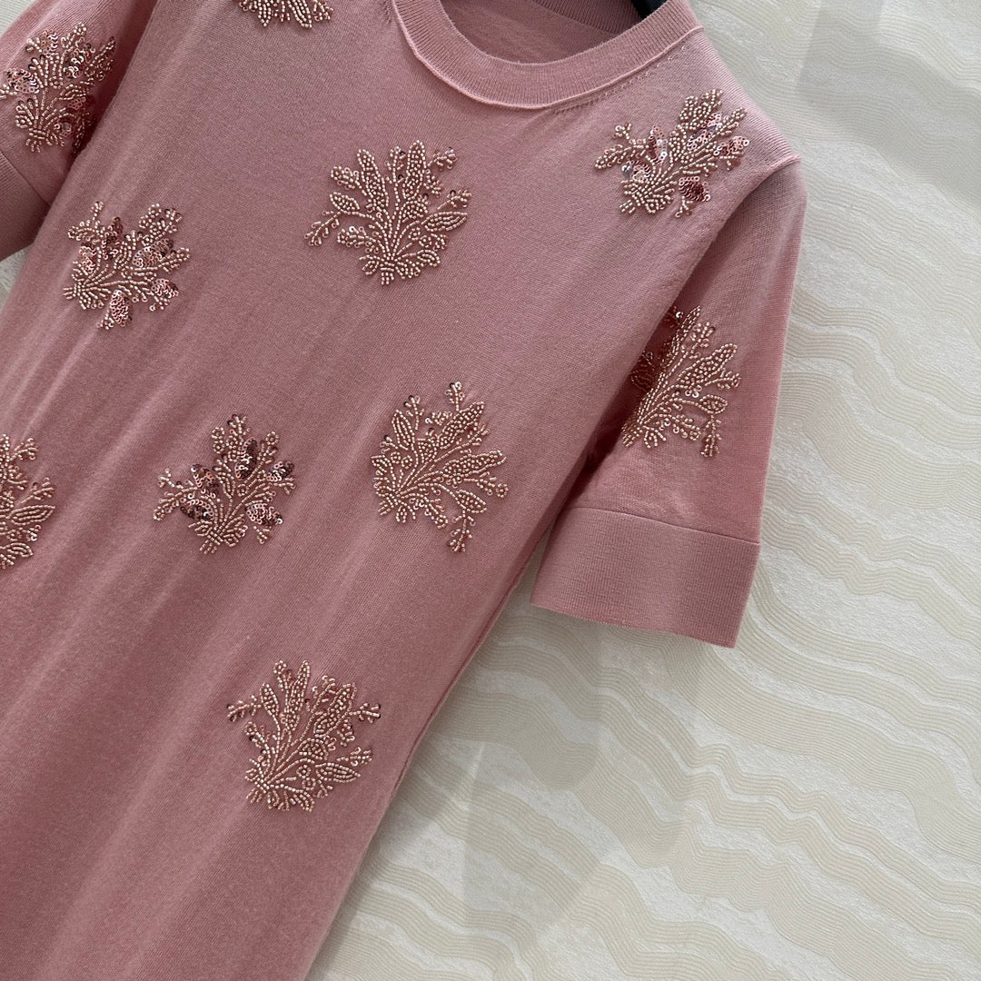 Fendi Beaded Flower Knitted Dress Pink Wool