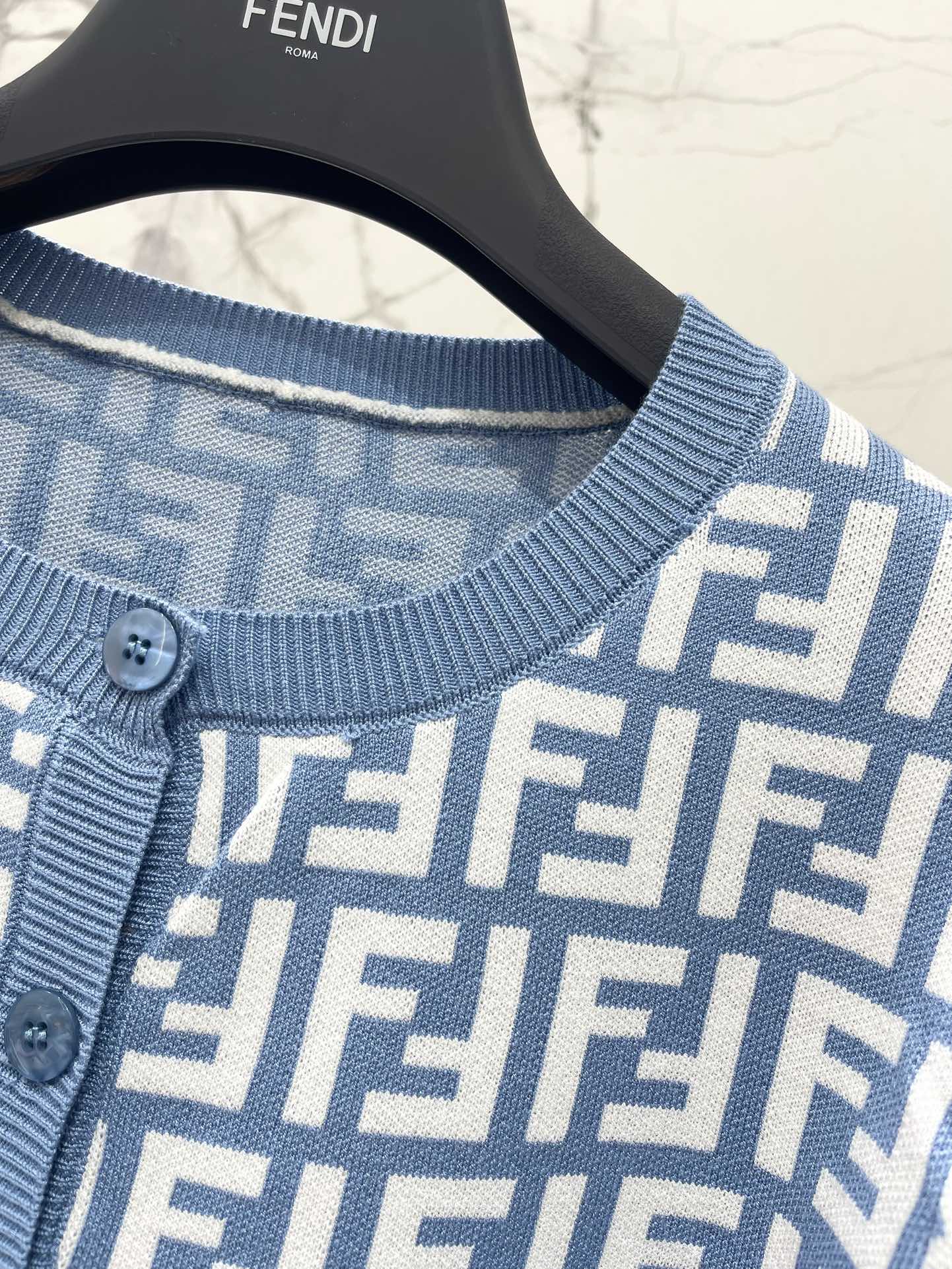 Fendi Double f Letter Knitted Cardigan Steel Blue Wool