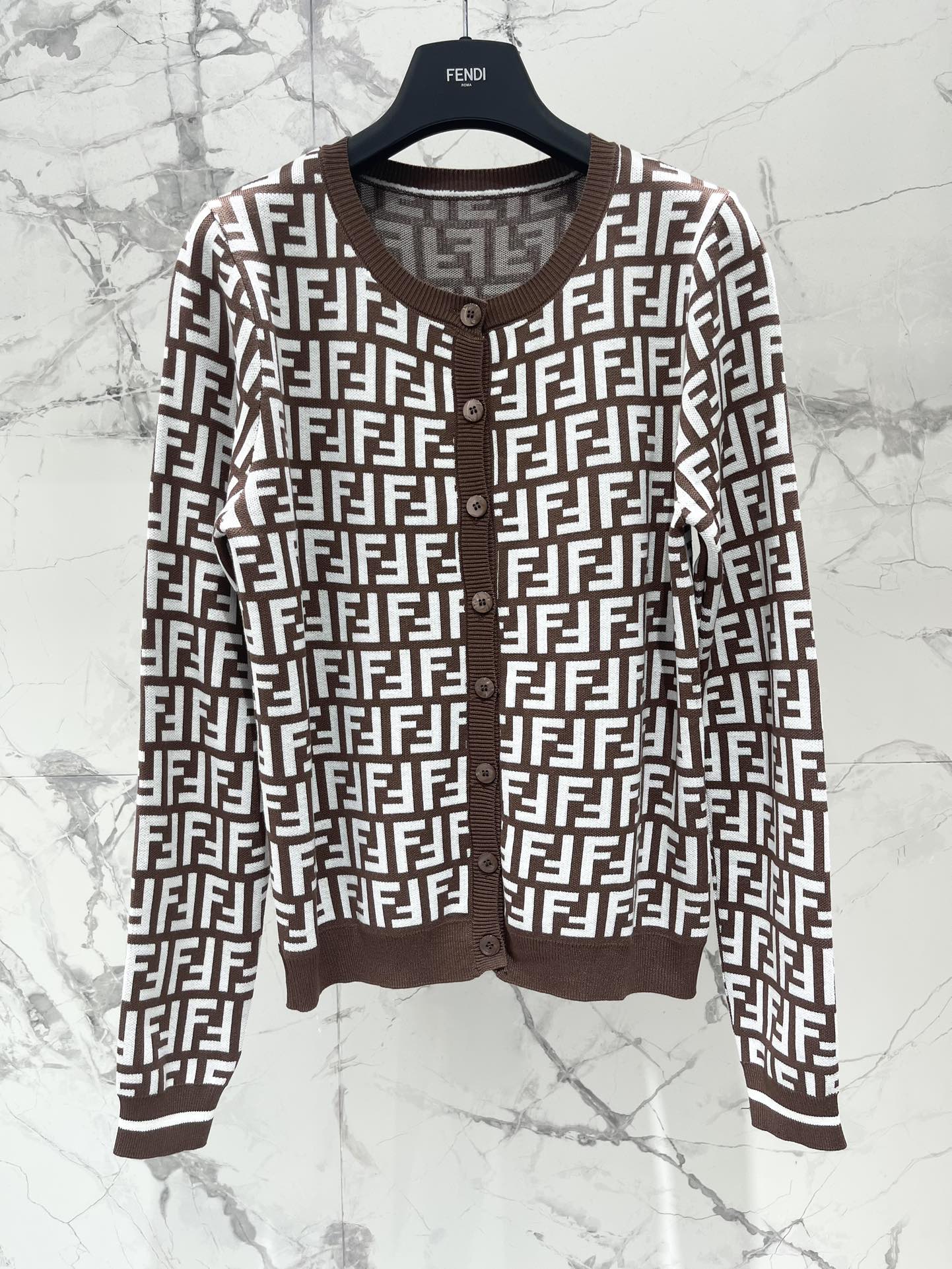 Fendi Double f Letter Knitted Cardigan Brown Wool