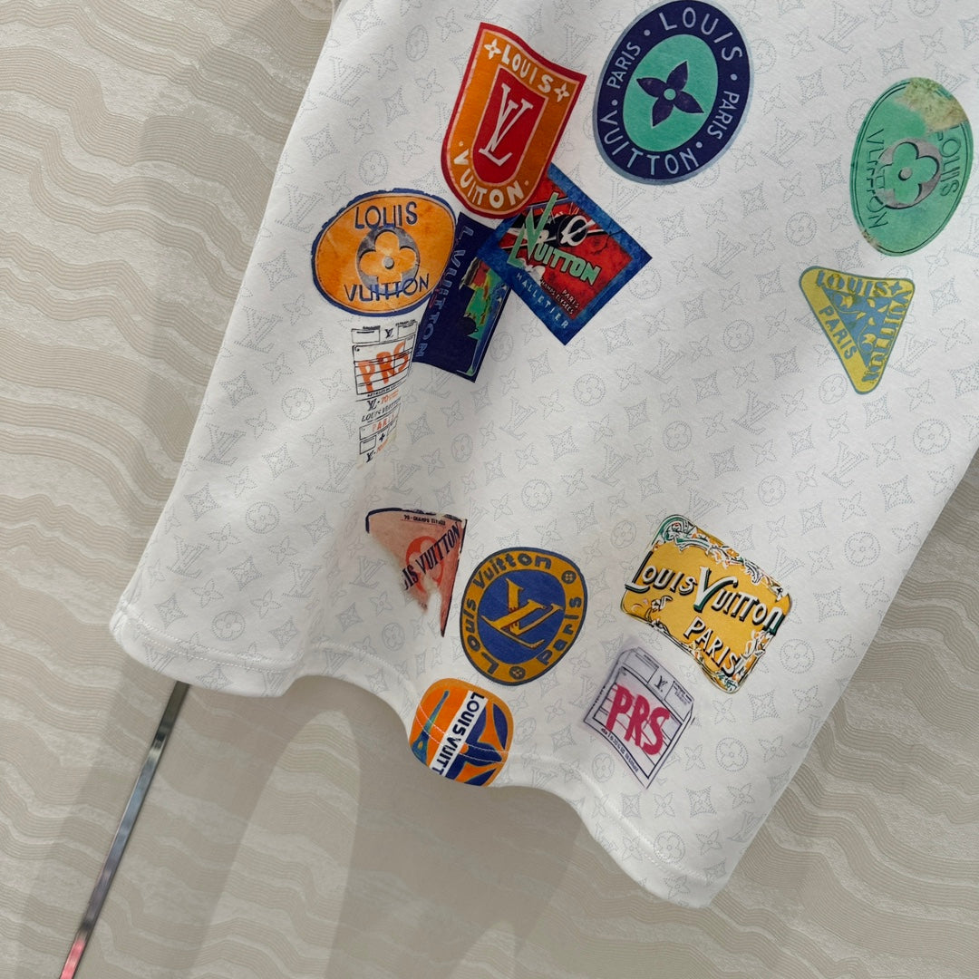LV  Pattern Logo Positioning Poster Badge Printed  T-shirt White Cotton