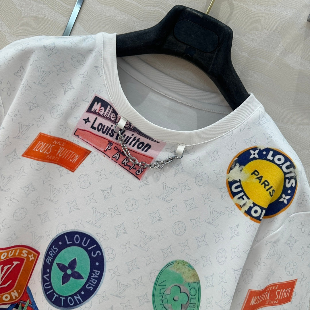 LV  Pattern Logo Positioning Poster Badge Printed  T-shirt White Cotton