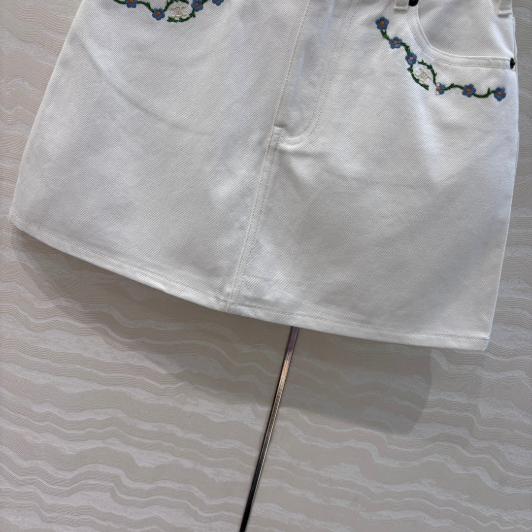 Celine 25 Embroidered Small Flower Skirt White  Cotton