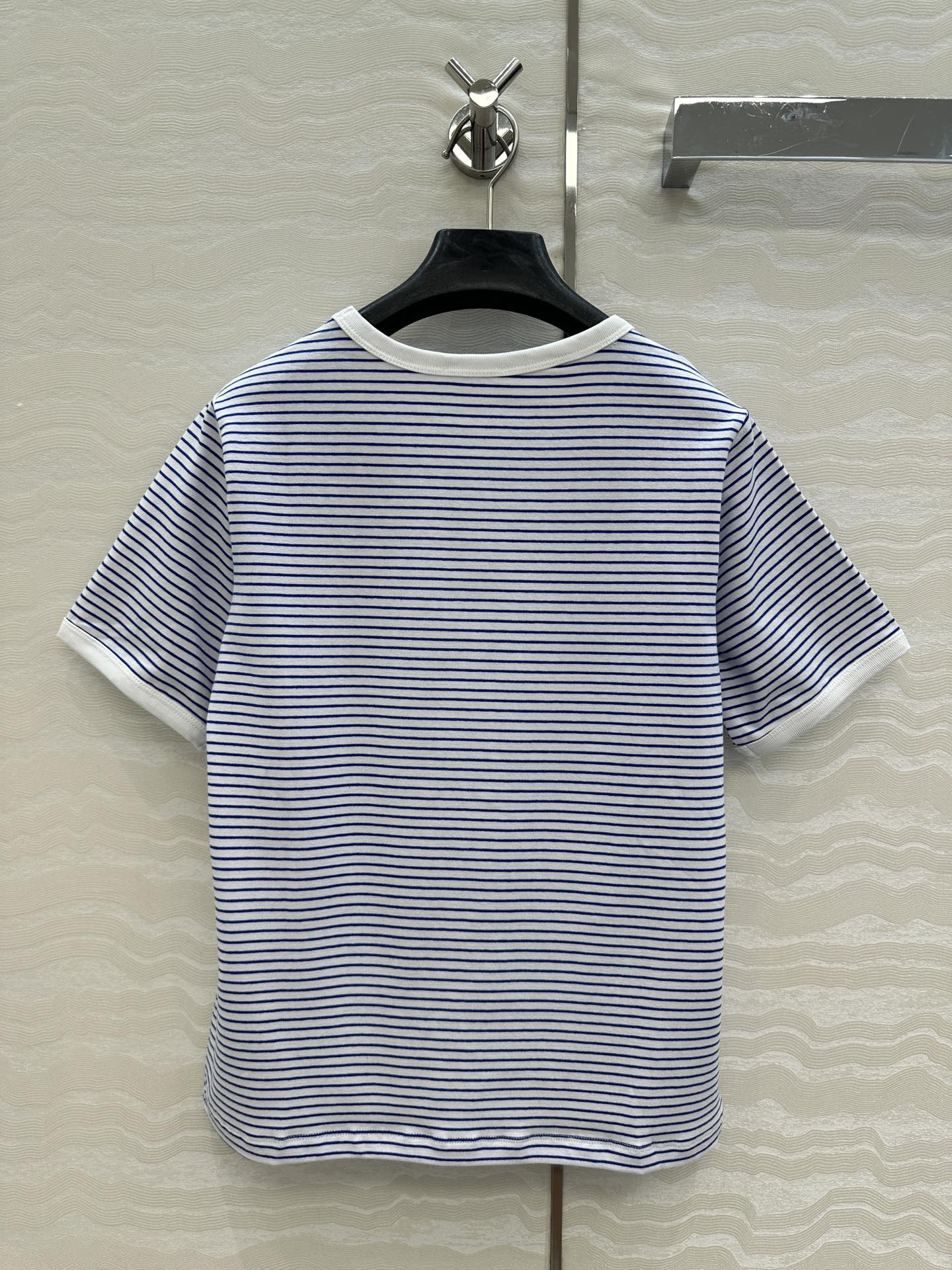Celine 25 Striped Letter Short-sleeved T-shirt Blue White Cotton