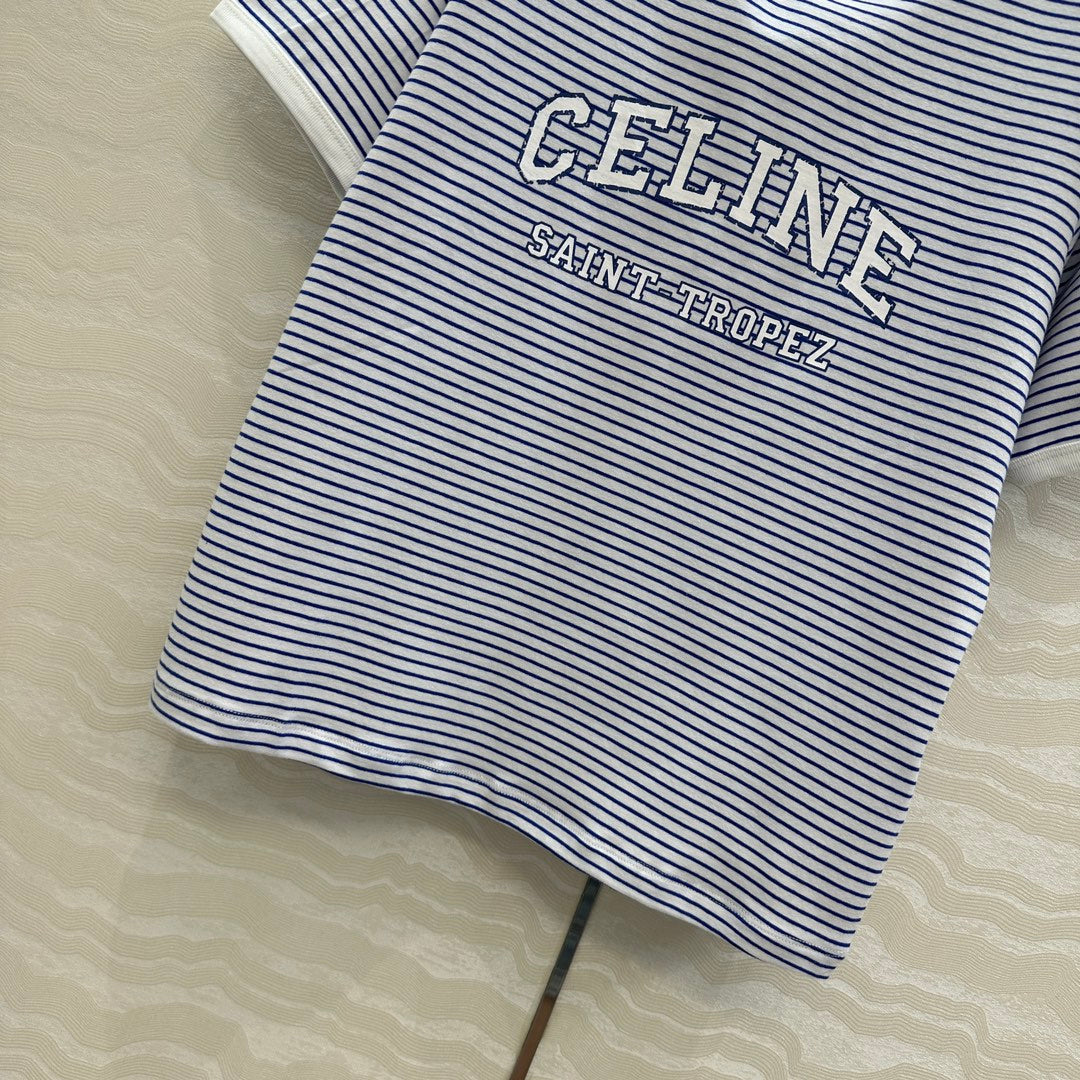 Celine 25 Striped Letter Short-sleeved T-shirt Blue White Cotton