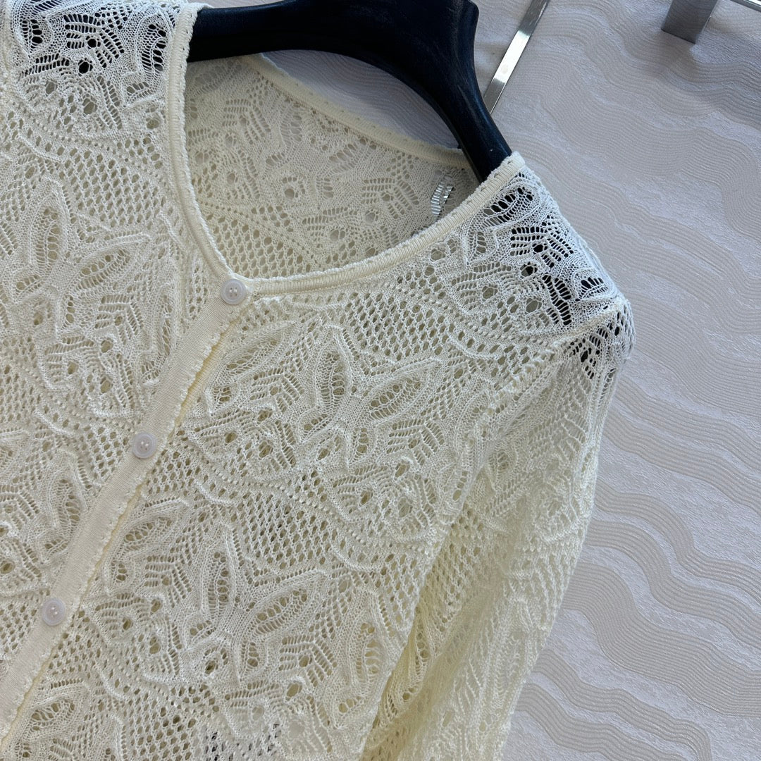 CD Hollowed-out Cardigan Light Cream Cotton