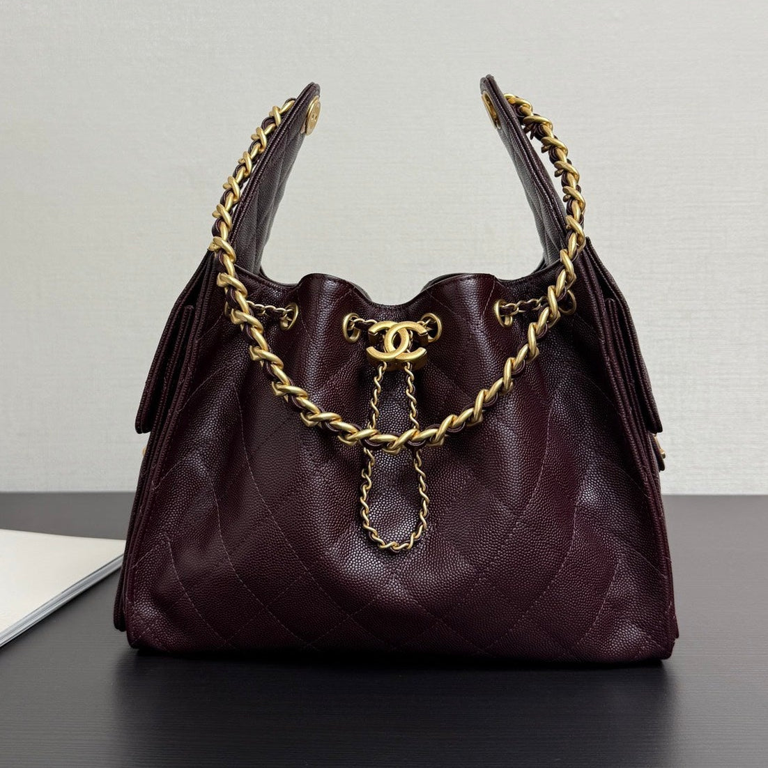 Chanel 2026 Hobo Bag Burgundy Gold Caviar Calfskin