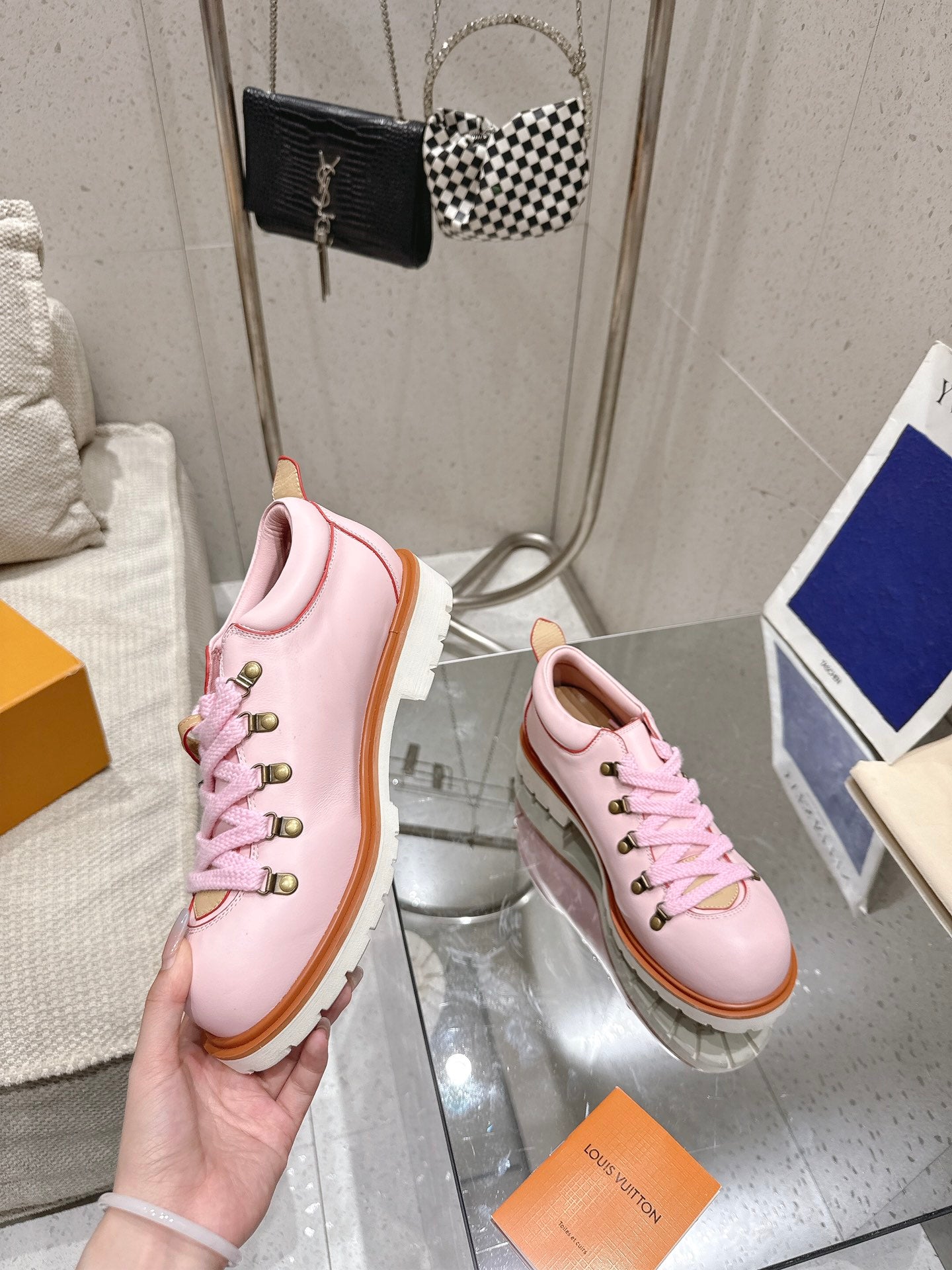 LV Pharrell and Nigo Hiking Shoes Pink Sheepskin 383742
