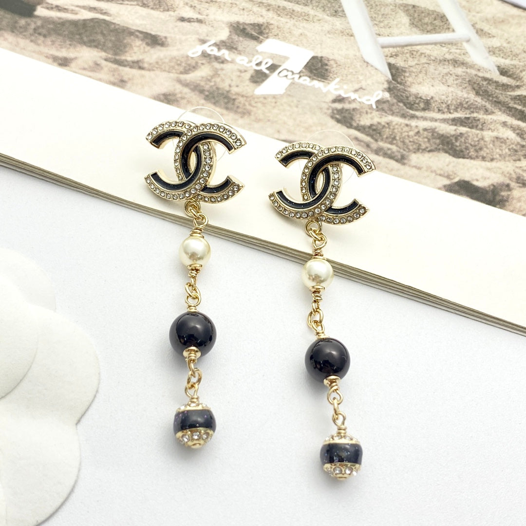 CC Black and Gold Rhinestone Double C Tassel Pearl Earrings