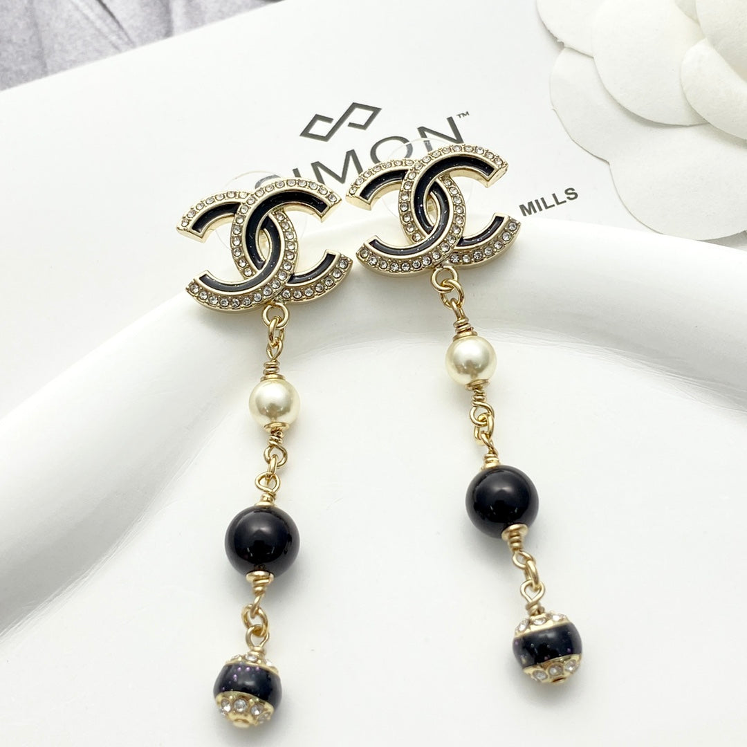 CC Black and Gold Rhinestone Double C Tassel Pearl Earrings