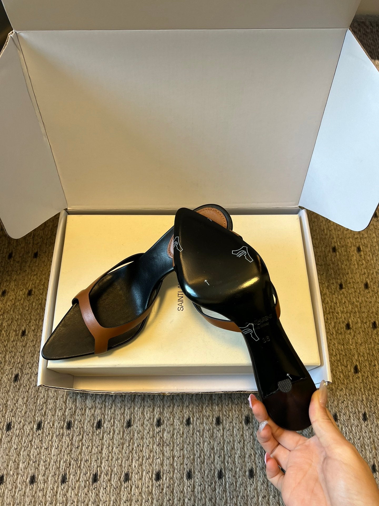 YSL 26ss High Heeled Mules 75 Black Brown Cowhide 651761