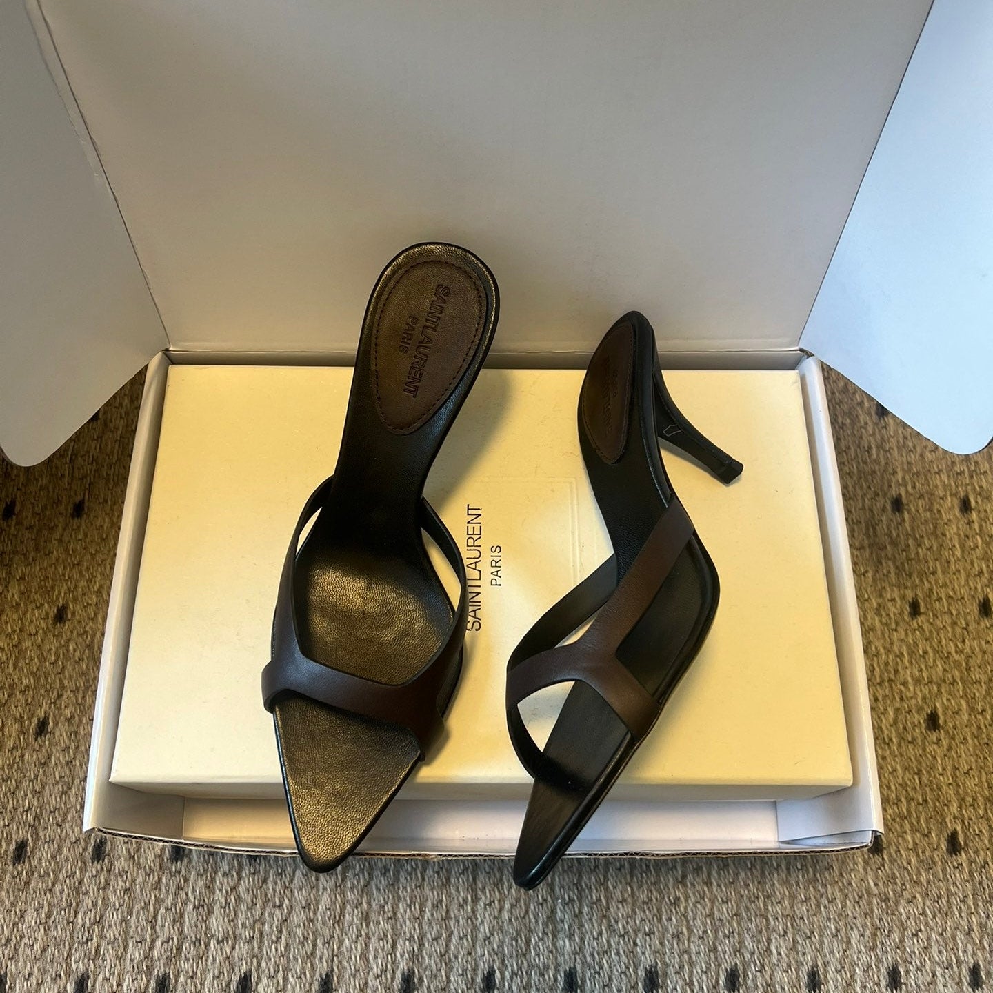 YSL 26ss High Heeled Mules 75 Black Cowhide 651765
