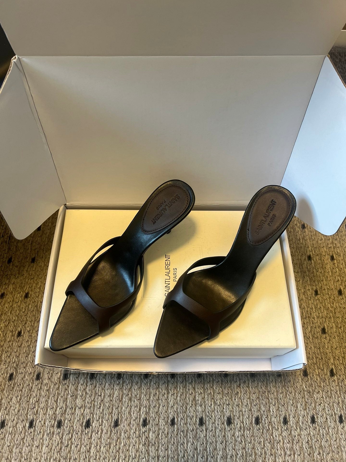 YSL 26ss High Heeled Mules 75 Black Cowhide 651765