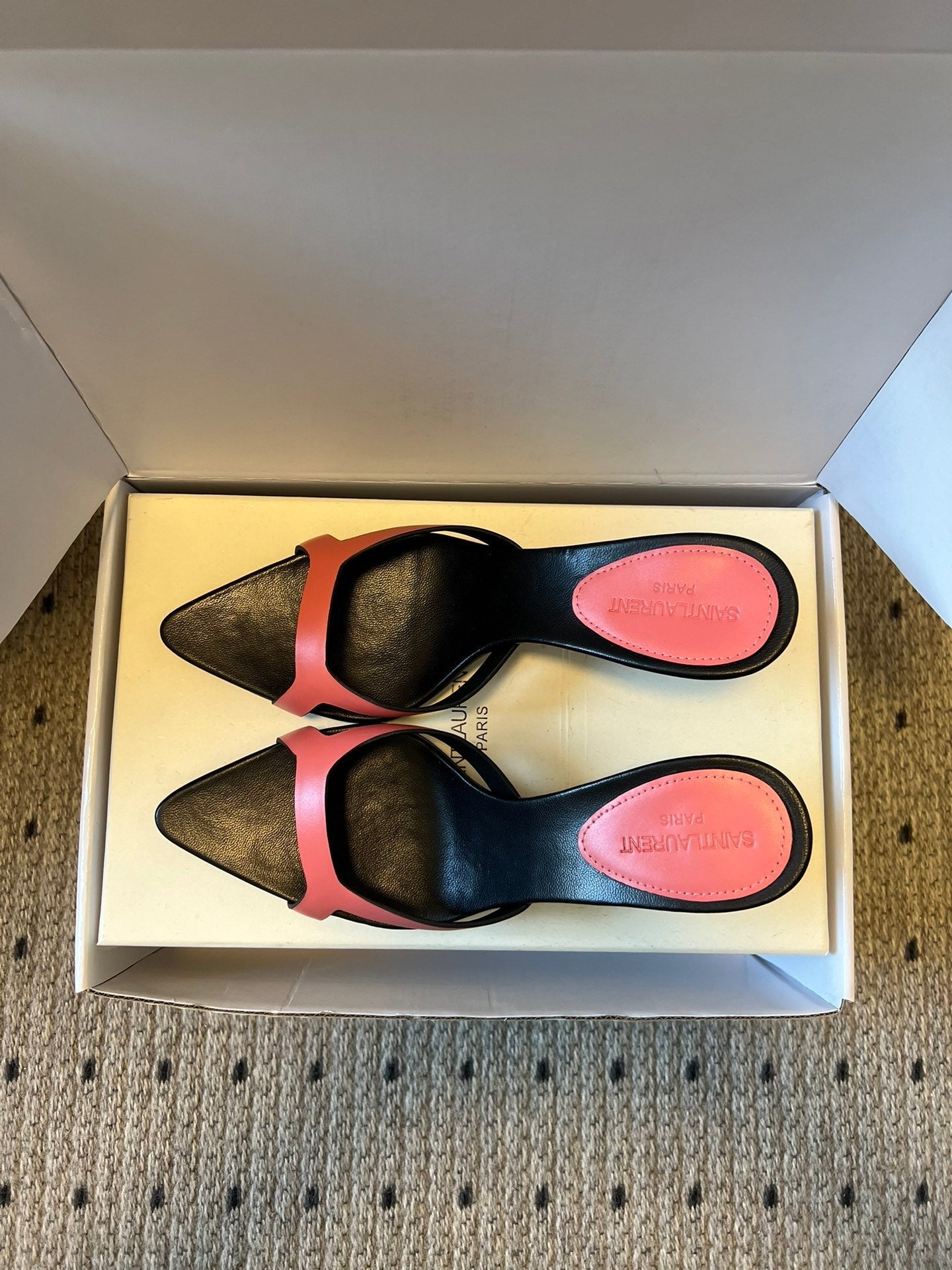YSL 26ss High Heeled Mules 75 Black Pink Cowhide 651768