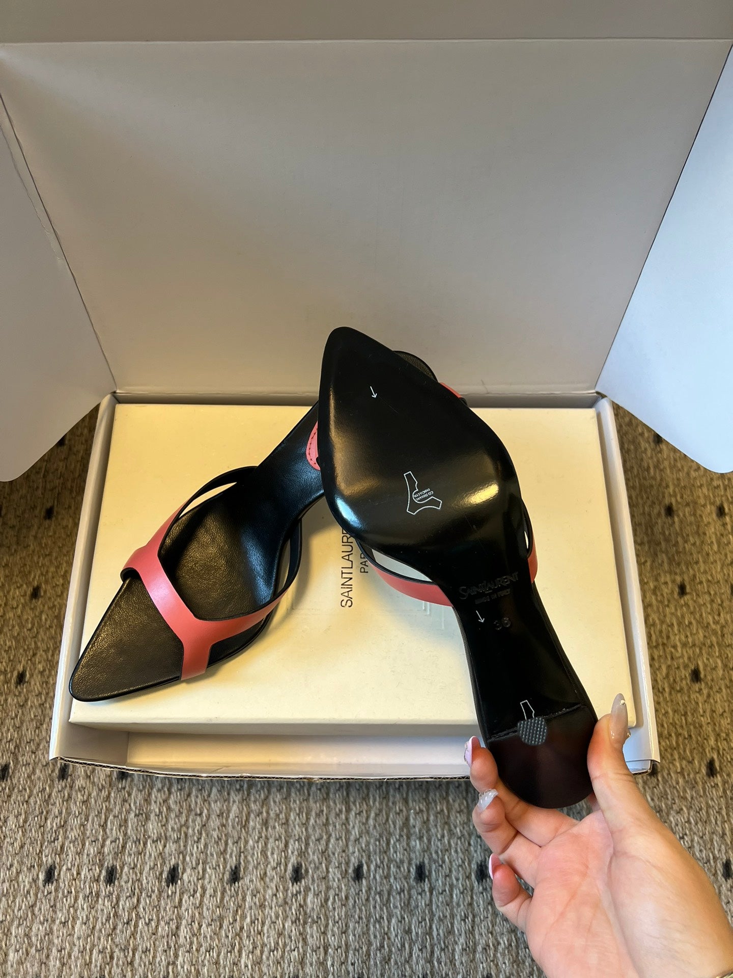 YSL 26ss High Heeled Mules 75 Black Pink Cowhide 651768