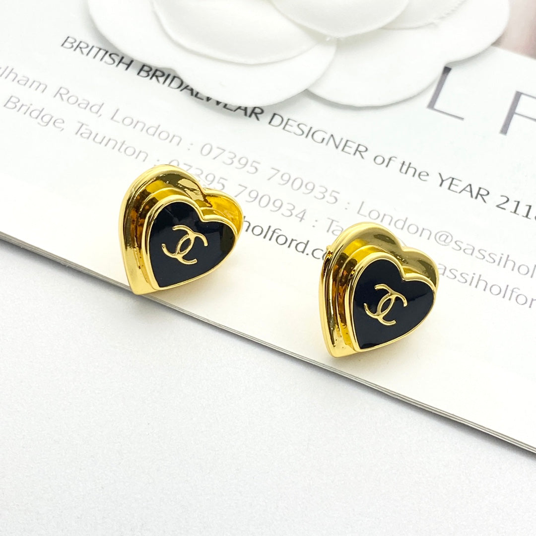 CC Black Enamel Gold Double C Heart Earrings