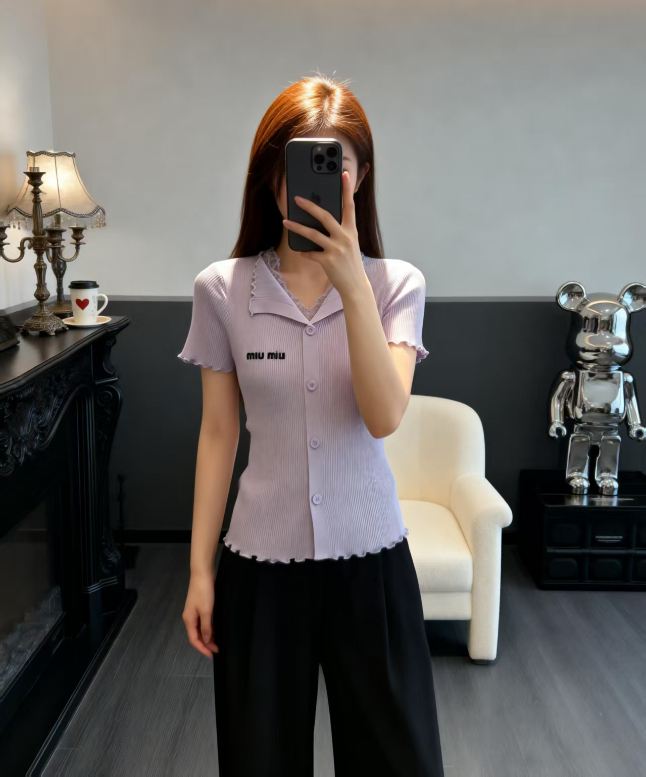 Miumiu 2026 Lace Collar T-shirt Cream and Purple Wool