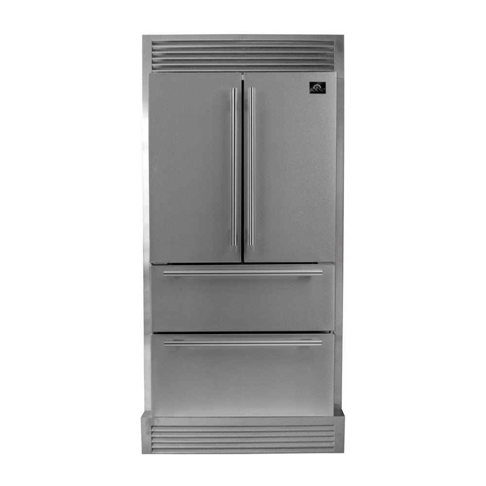 Forno FFRBI1820-40SG 36″ Moena Refrigerator FORNO ALTA QUALITA Freestanding French Doors With Ice Maker and Decorative Grill, 19.2 cu.ft.