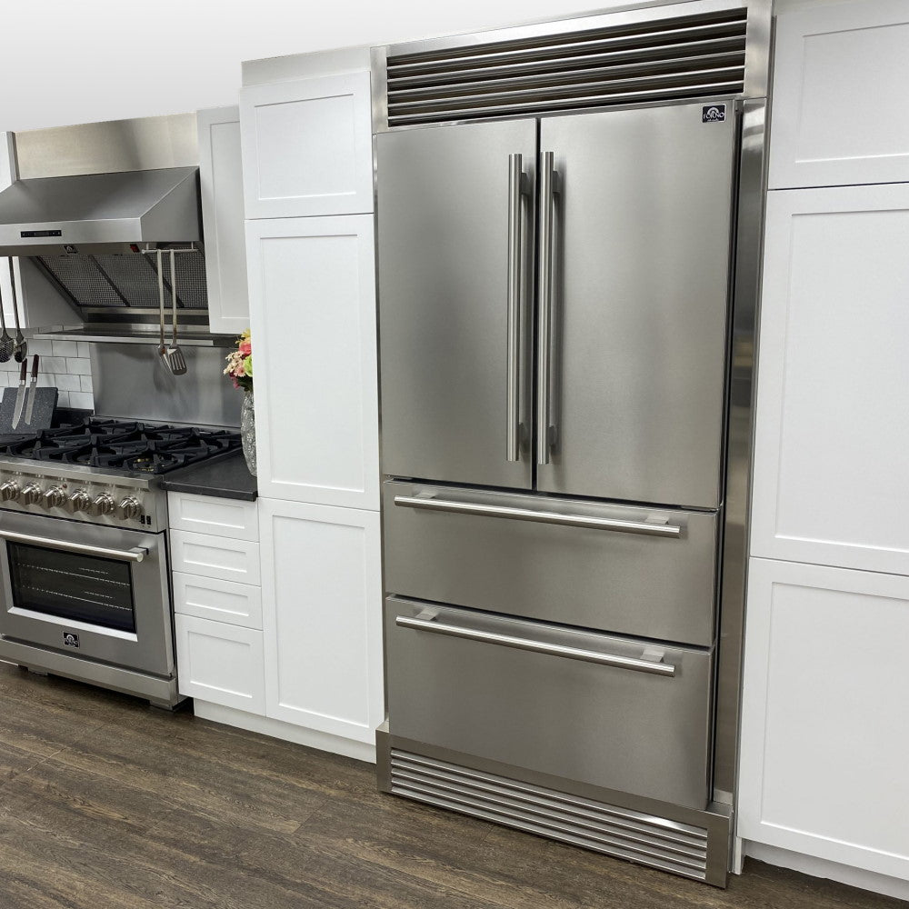 Forno FFRBI1820-40SG 36″ Moena Refrigerator FORNO ALTA QUALITA Freestanding French Doors With Ice Maker and Decorative Grill, 19.2 cu.ft.
