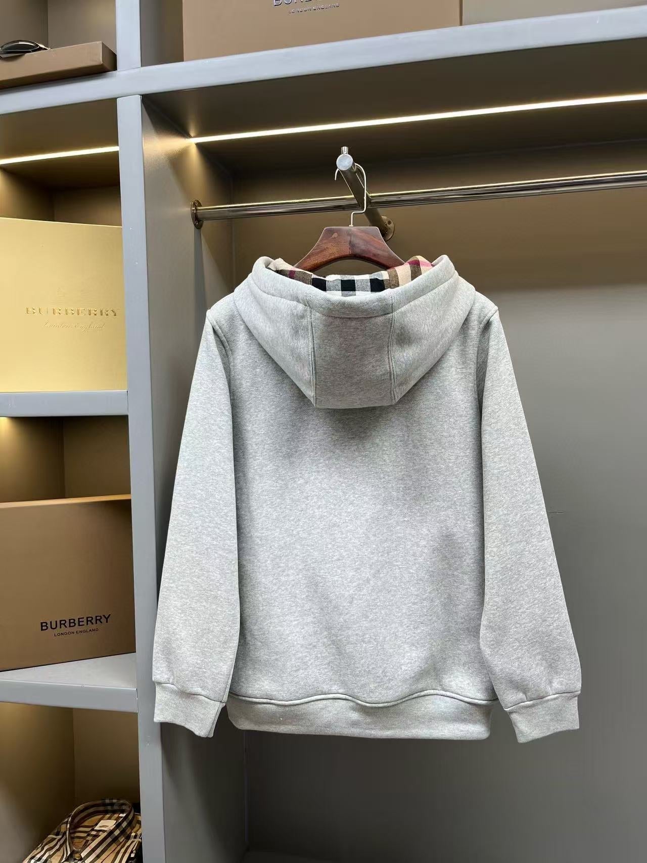 Burberry Checked Thick Hoodie Gray Cotton