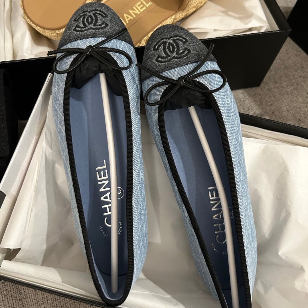 CC 25 Ballet Flat Denim White Quilted