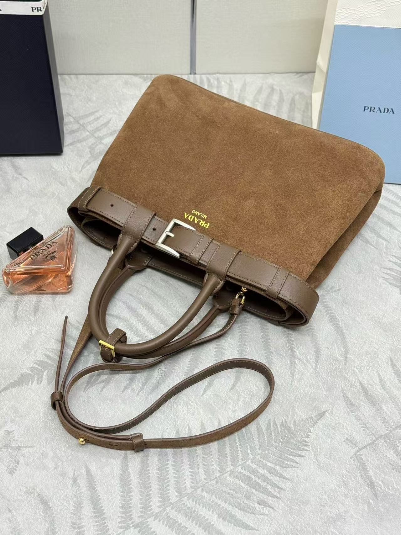 Prada Buckle Handbag Brown Suede Leather