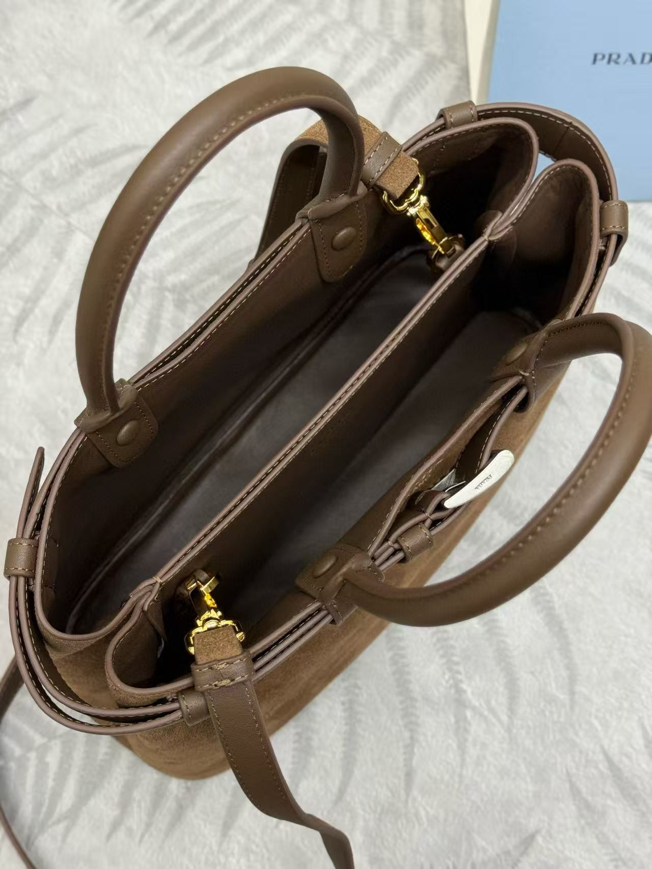 Prada Buckle Handbag Brown Suede Leather