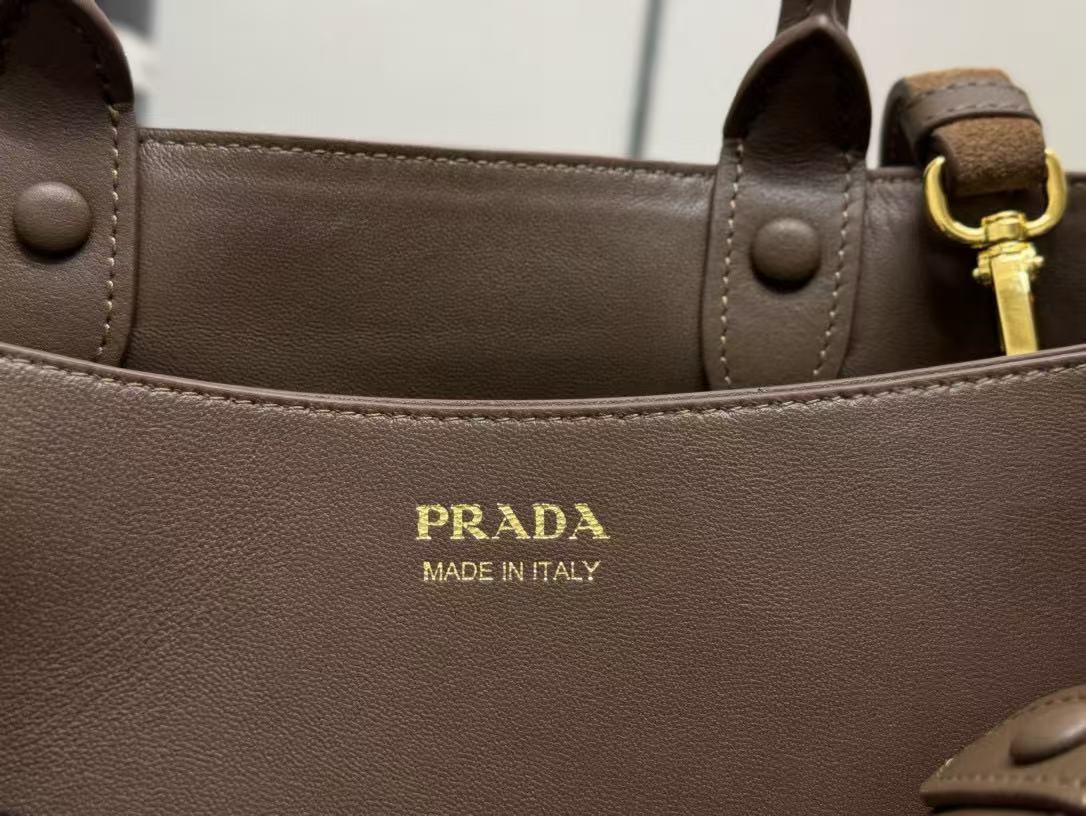 Prada Buckle Handbag Brown Suede Leather