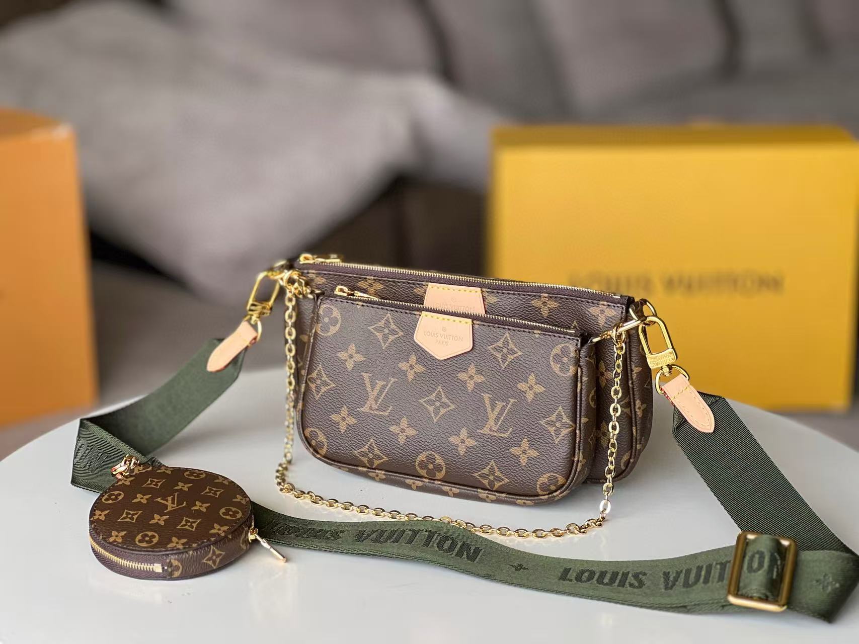 LV Multi Pochette Accessoires Bag Brown Green Canvas Leather