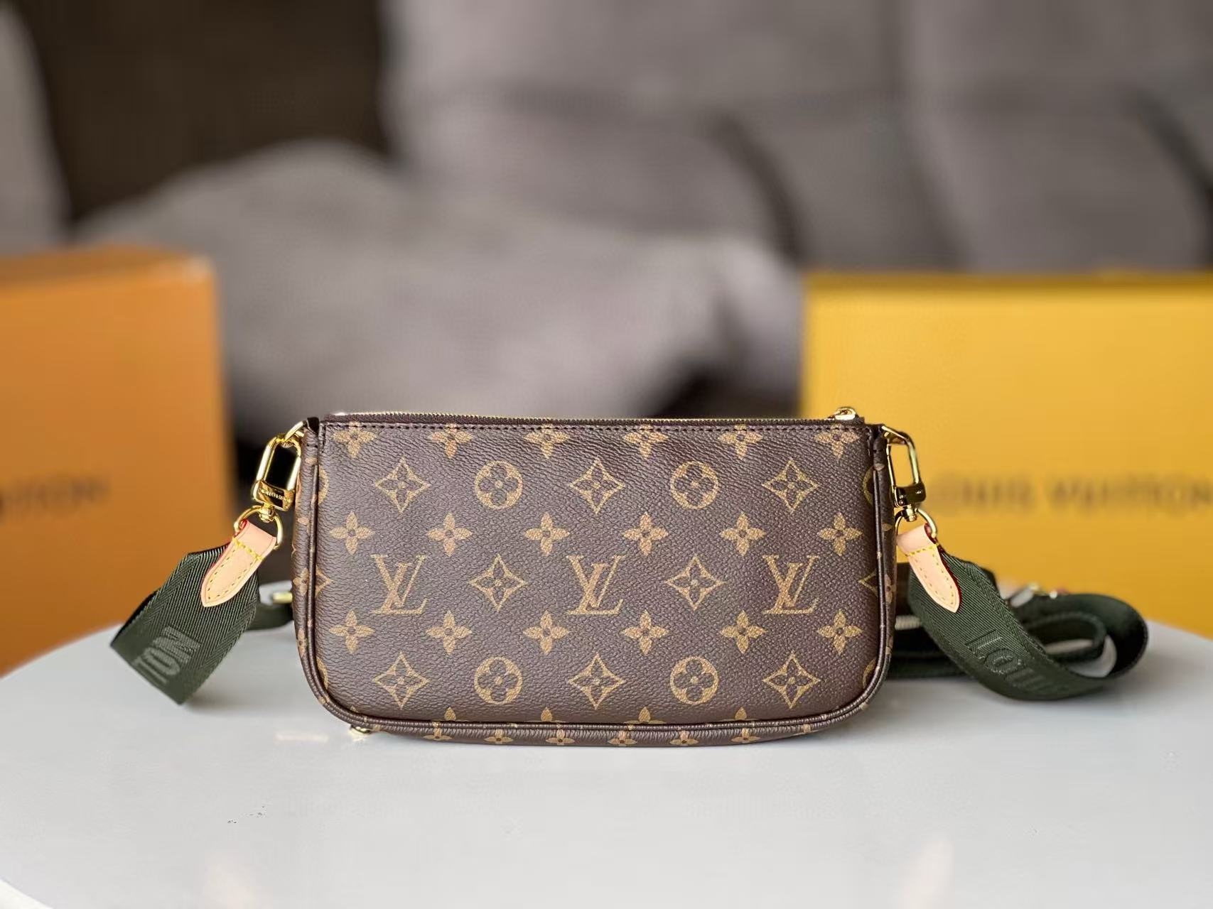 LV Multi Pochette Accessoires Bag Brown Green Canvas Leather