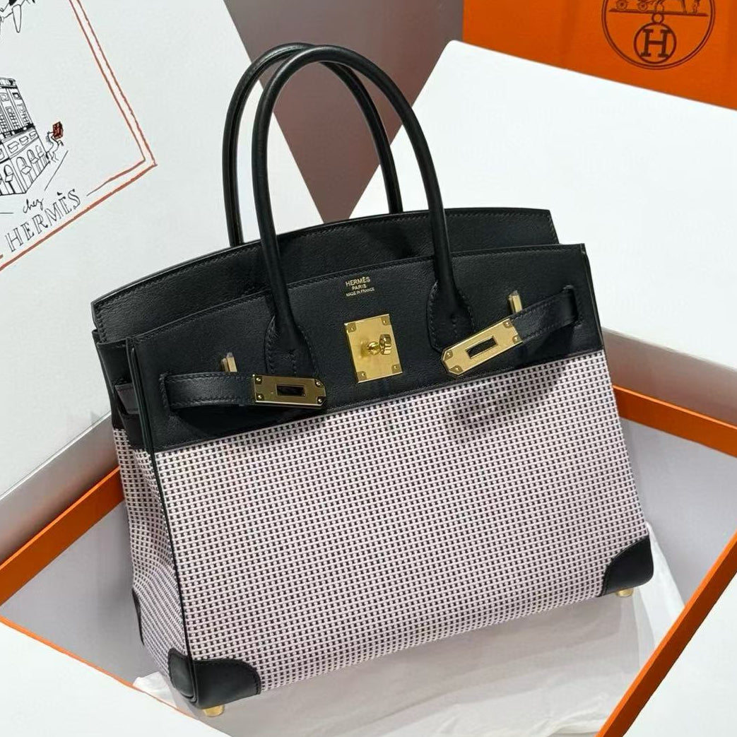 HM 2025 Birkin 30cm Black White Swift Cowhide Canvas Fabric With Waffle Panda