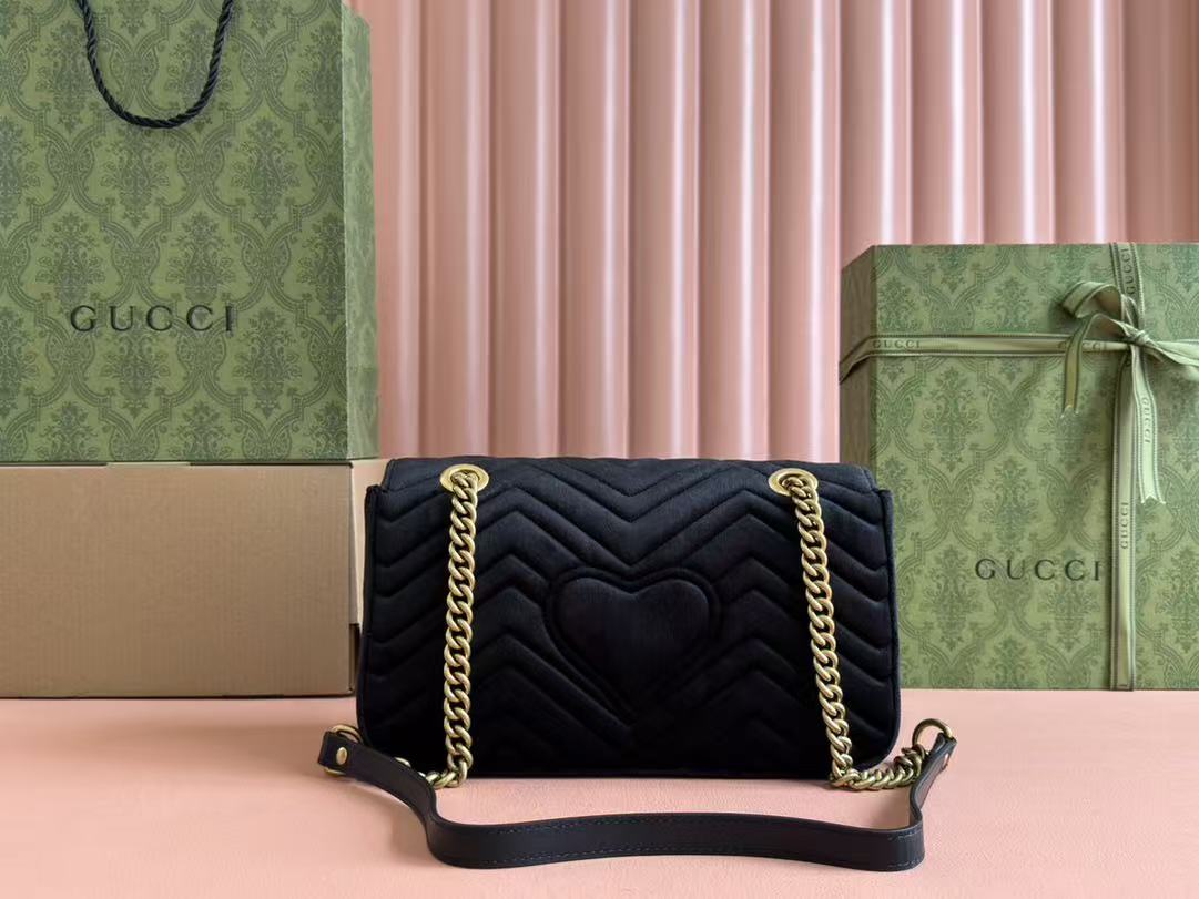 GG 2025 Marmont 26cm Bag Black Gold Velvet Leather