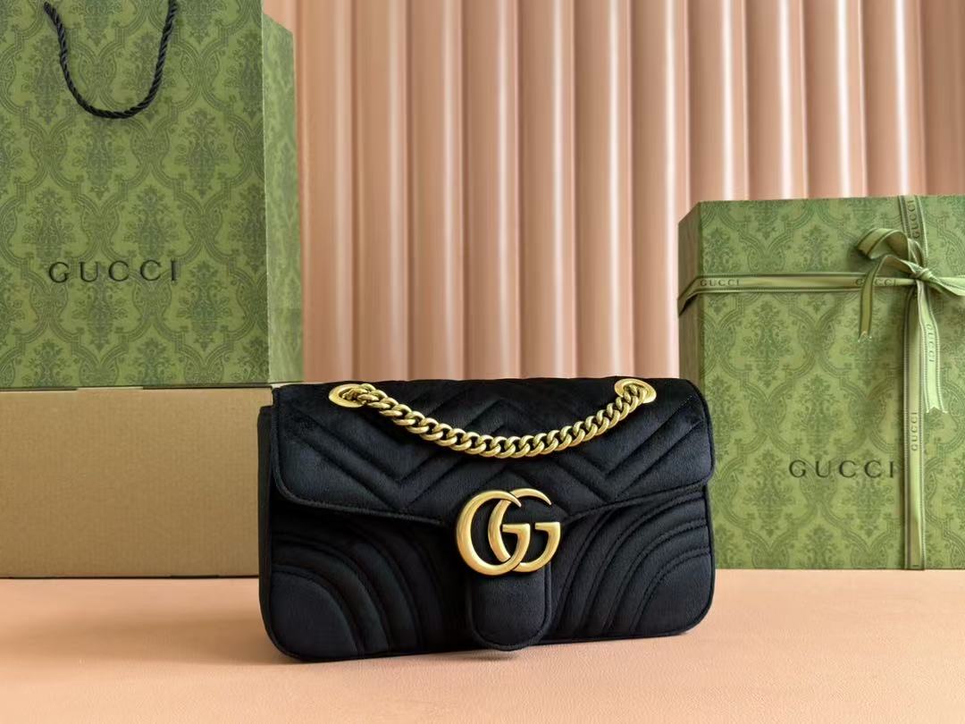 GG 2025 Marmont 26cm Bag Black Gold Velvet Leather