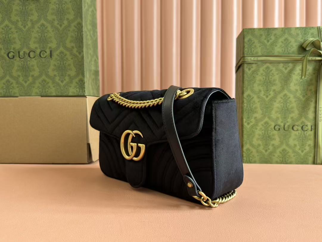 GG 2025 Marmont 26cm Bag Black Gold Velvet Leather