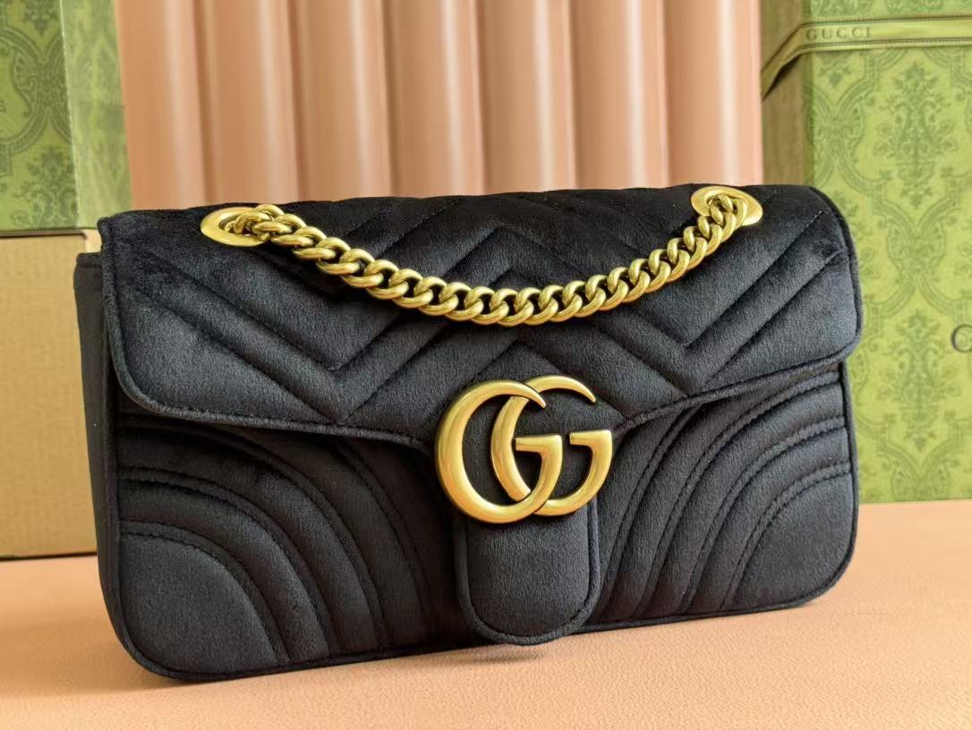 GG 2025 Marmont 26cm Bag Black Gold Velvet Leather