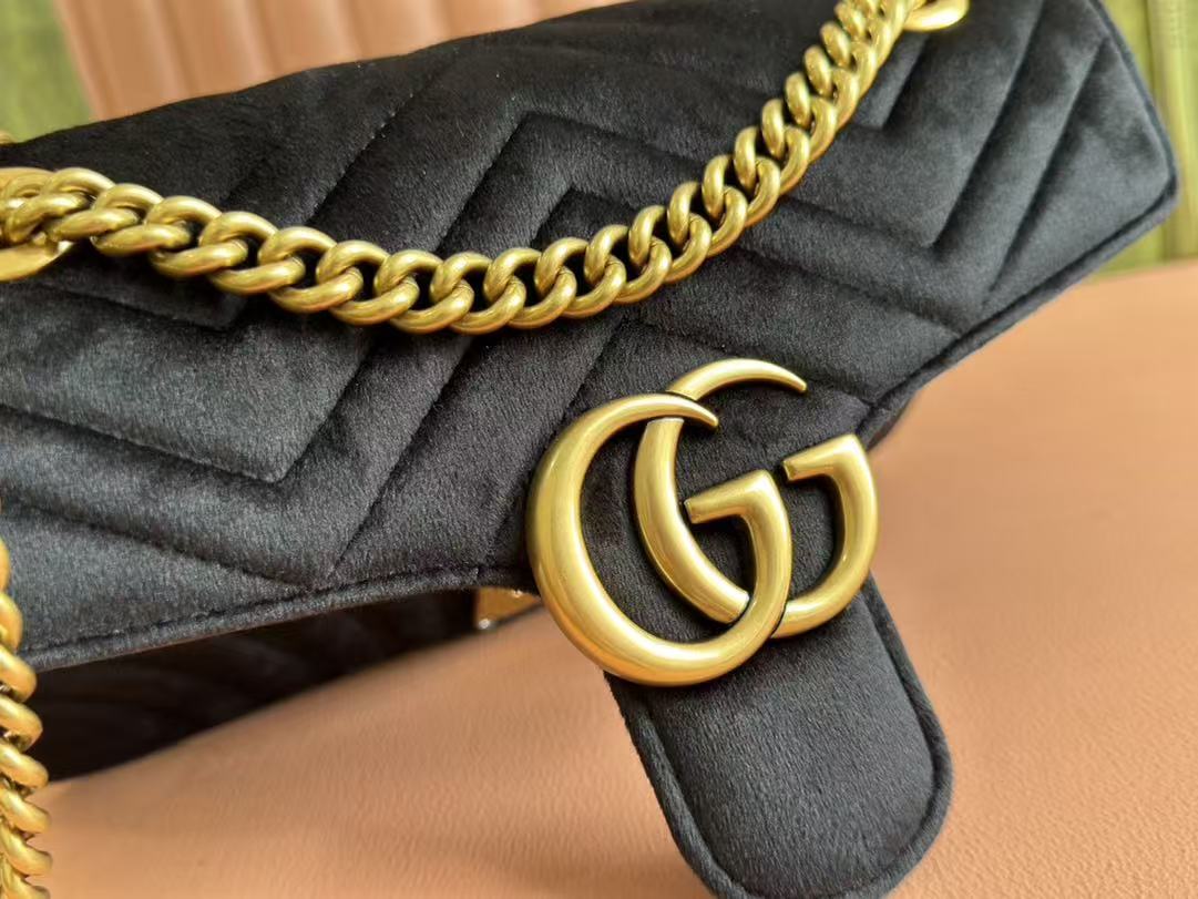 GG 2025 Marmont 26cm Bag Black Gold Velvet Leather