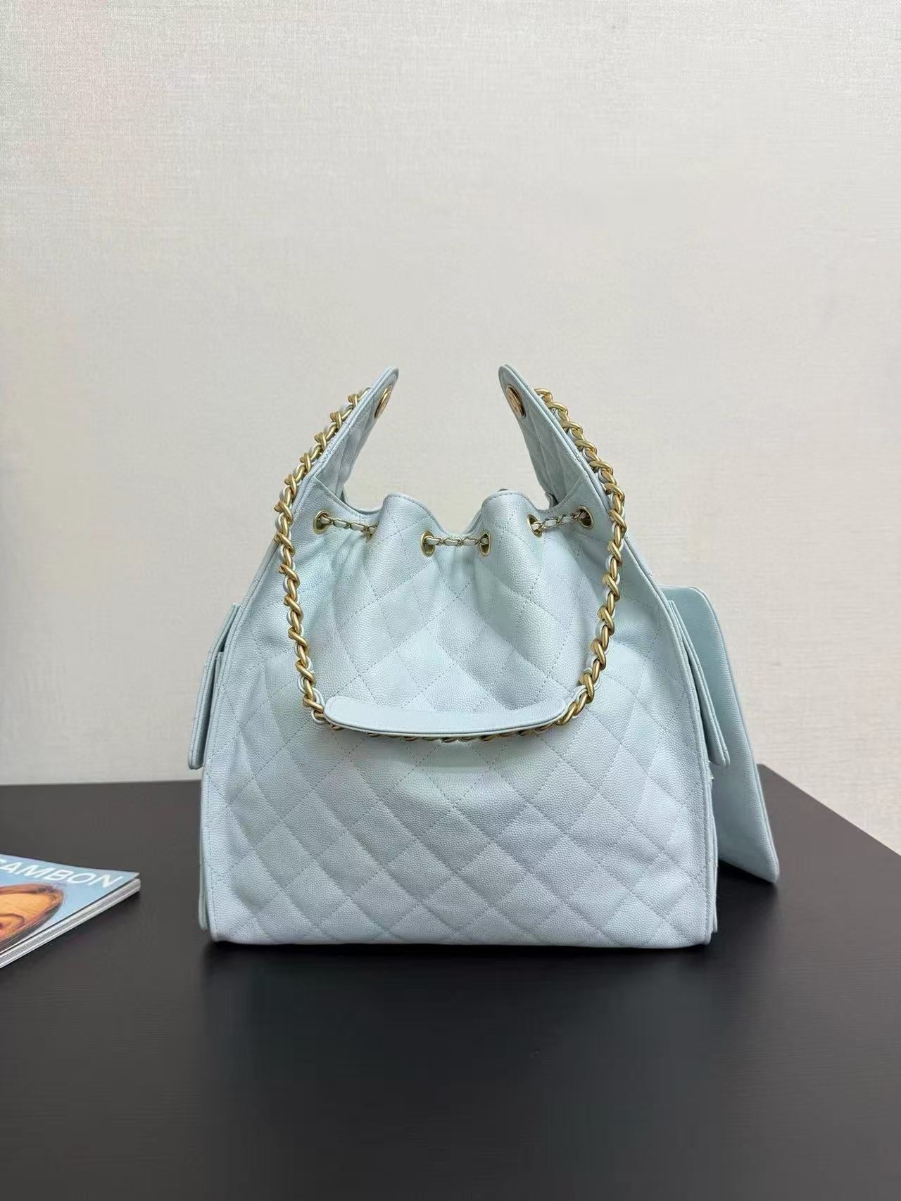 Chanel 2025 Hobo Bag 40cm Light Blue Grained Calfskin